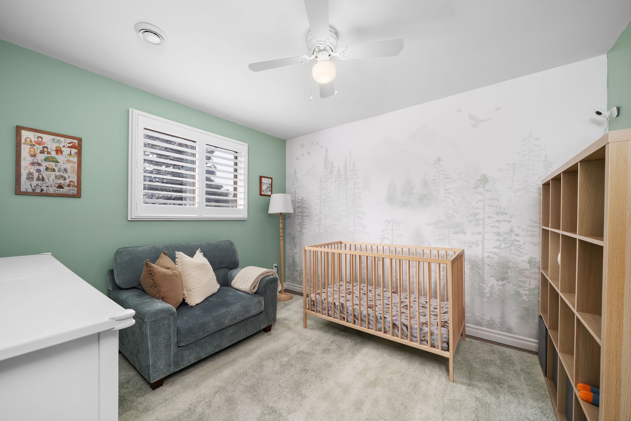 Third bedroom at 10-765 Oklahoma Dr, Pickering, styled as a nursery, with California shutters