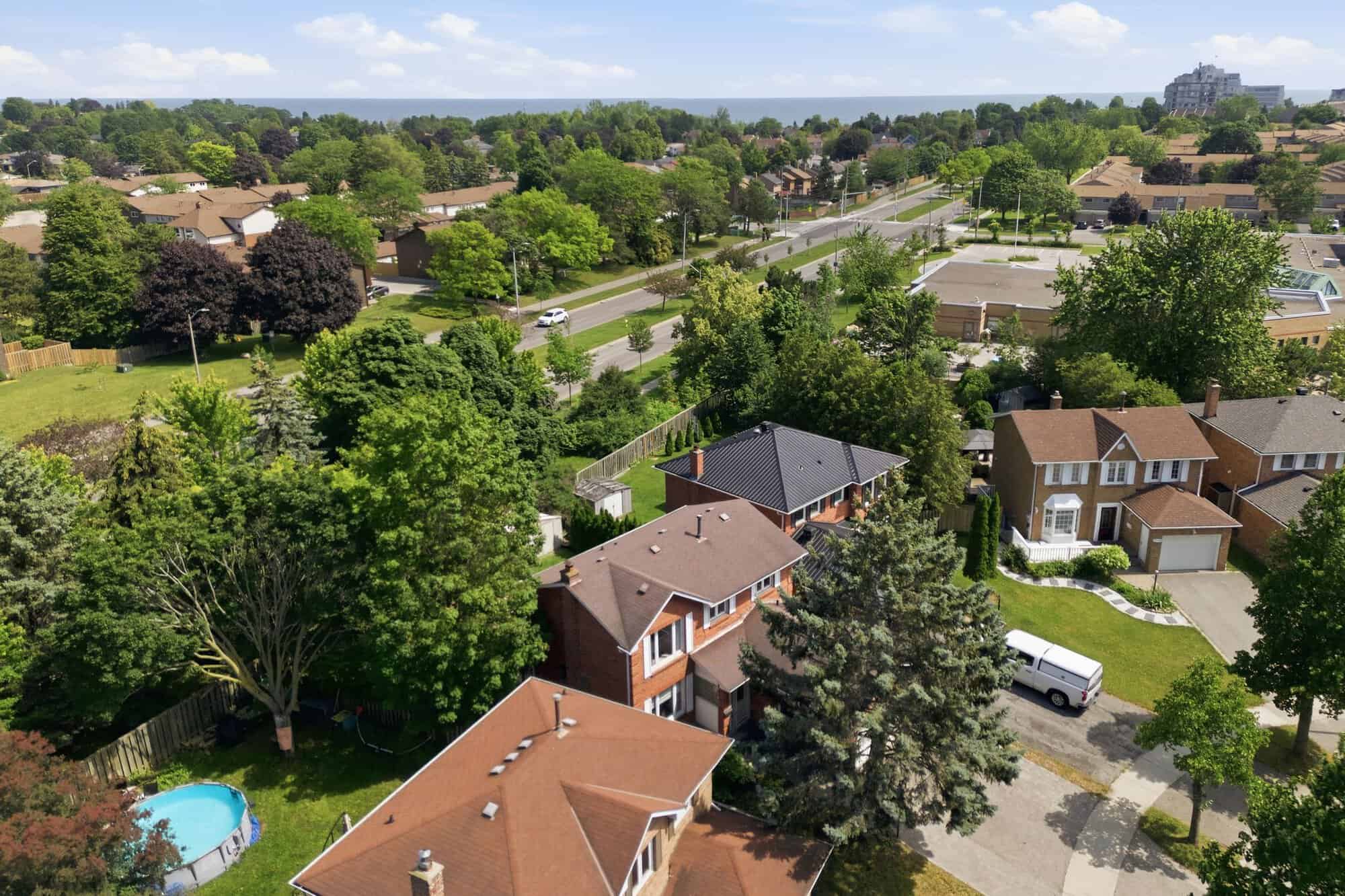 Aerial view placing 13 Flowers Crescent, South Ajax, minutes from Lake Ontario and the Ajax Waterfront Trail
