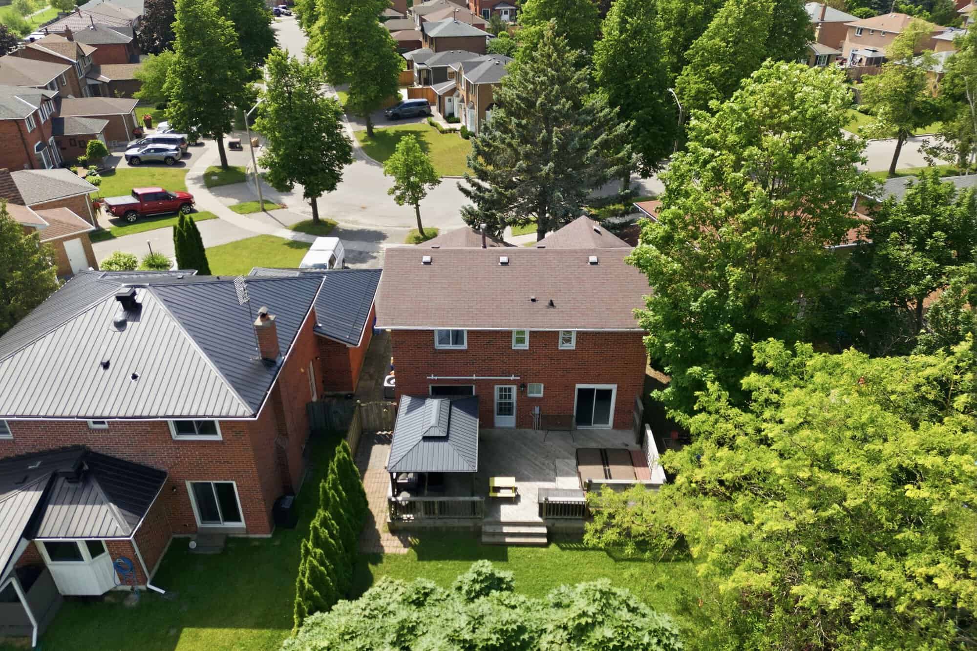 Overhead aerial view of South Ajax near 13 Flowers Crescent, showing residential streets, mature trees and the pie-shaped lot