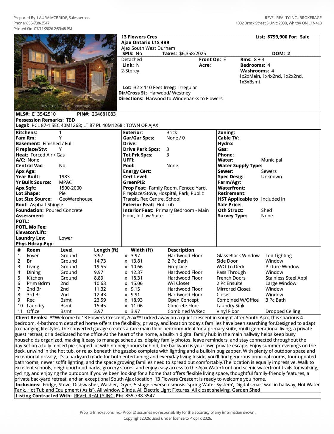 MLS listing sheet for 13 Flowers Crescent, South Ajax, a 4-bedroom detached home listed for $799,900 by Laura McBride, Ajax REALTOR® with Revel Realty