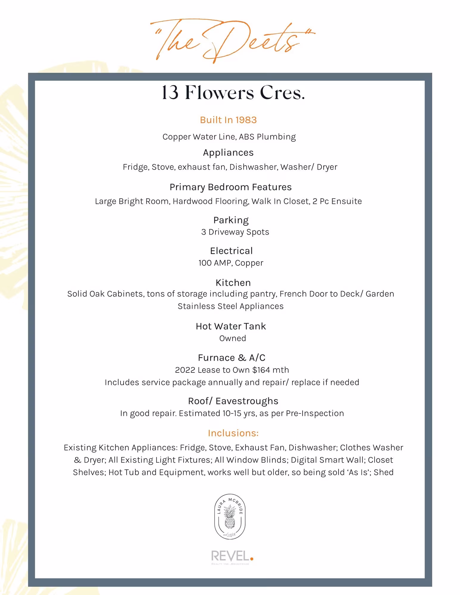 Property details sheet for 13 Flowers Crescent, South Ajax, from Laura McBride, Ajax REALTOR® with Revel Realty