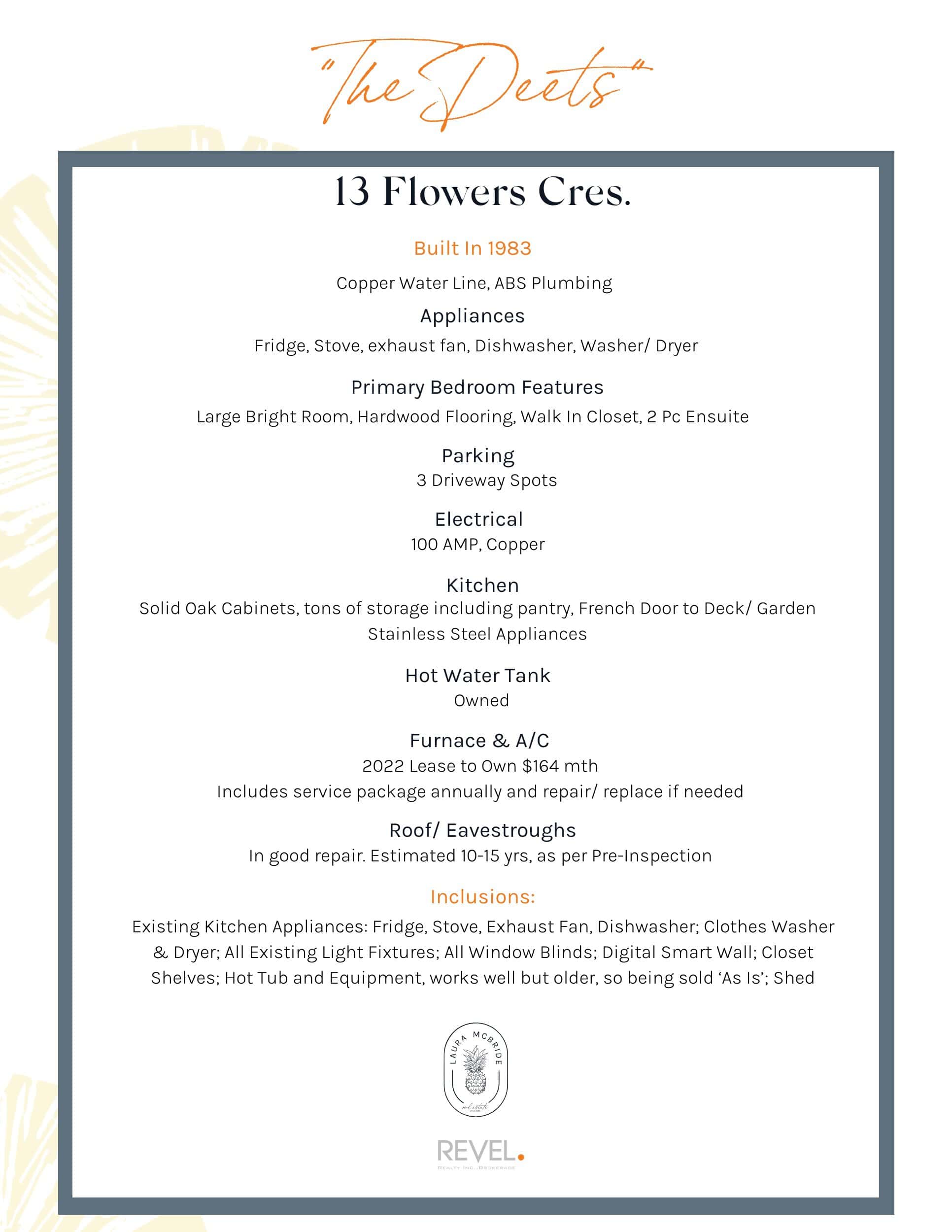 Property details sheet for 13 Flowers Crescent, South Ajax, from Laura McBride, Ajax REALTOR® with Revel Realty