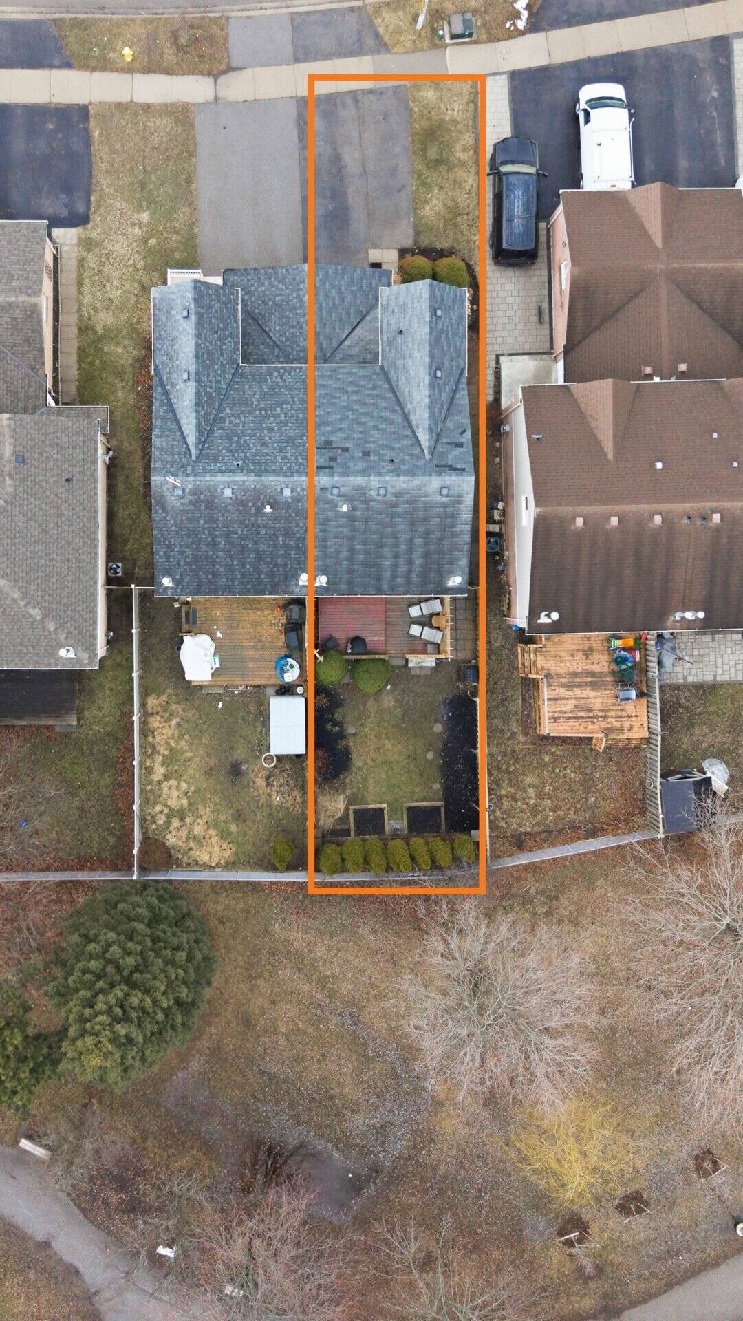 Aerial view of the lot at 13 Rollo Drive, South East Ajax, with property lines shown