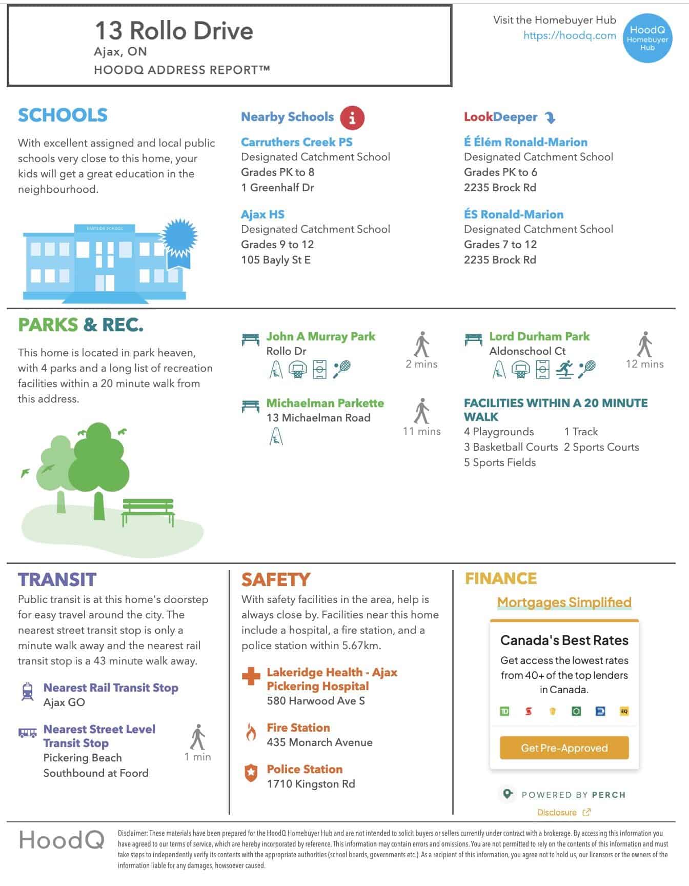 HoodQ walkability report for 13 Rollo Drive, South East Ajax, from Laura McBride, Ajax REALTOR®