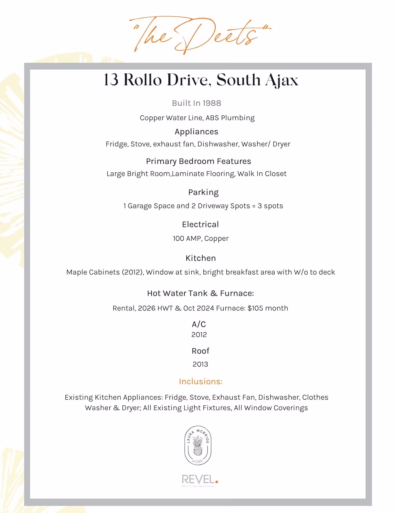 Property details sheet for 13 Rollo Drive, South East Ajax, from Laura McBride, Ajax REALTOR® with Revel Realty