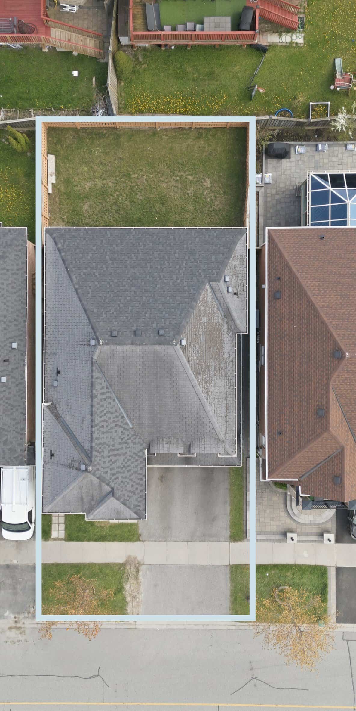 Aerial lot view of 131 Rushworth Drive, Ajax, showing the home, driveway, fenced backyard and neighbouring properties