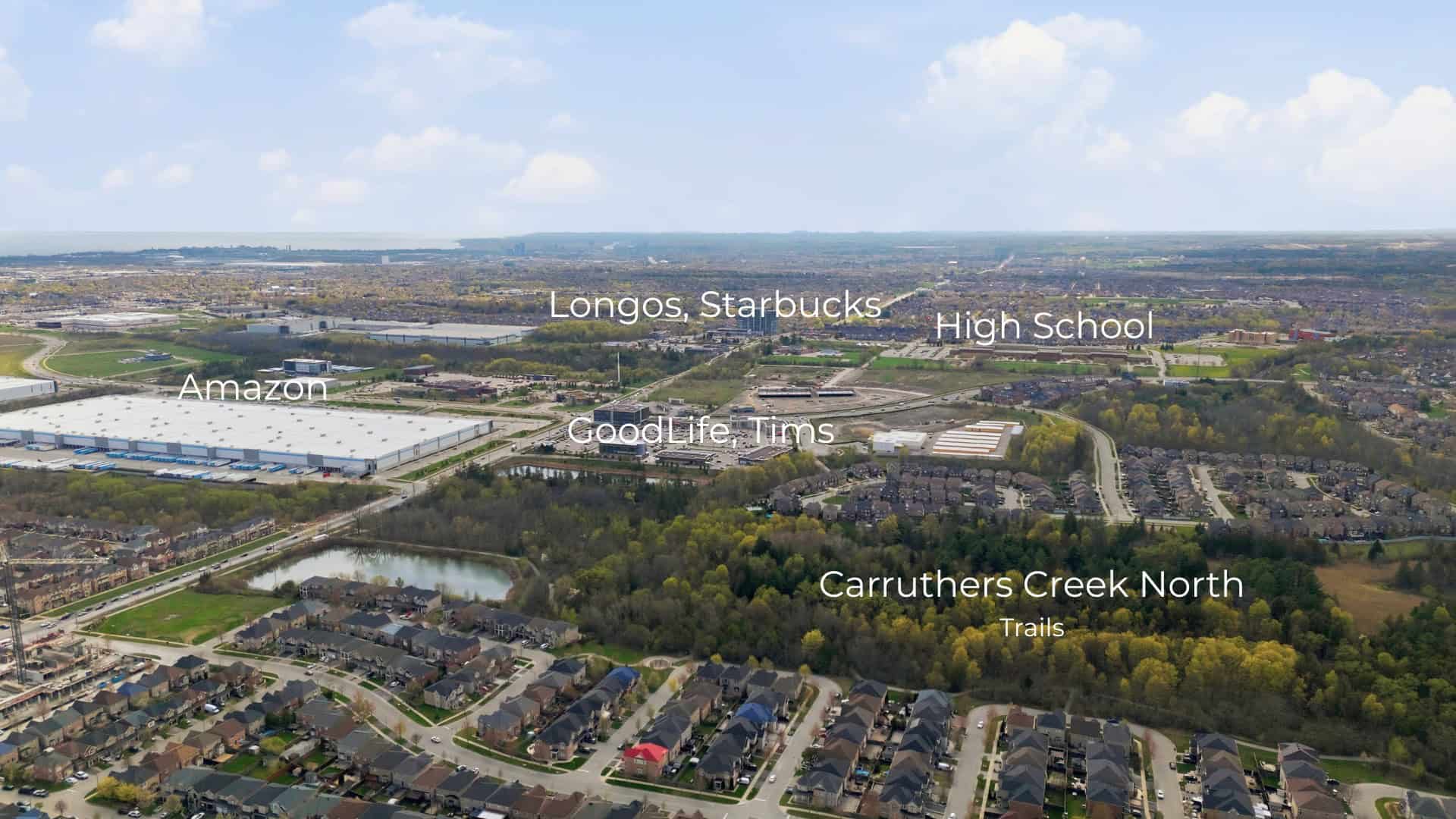 Amenities map near 131 Rushworth Drive, Ajax, showing Longos, Starbucks, a high school, Amazon, GoodLife Fitness and the Carruthers Creek North trails