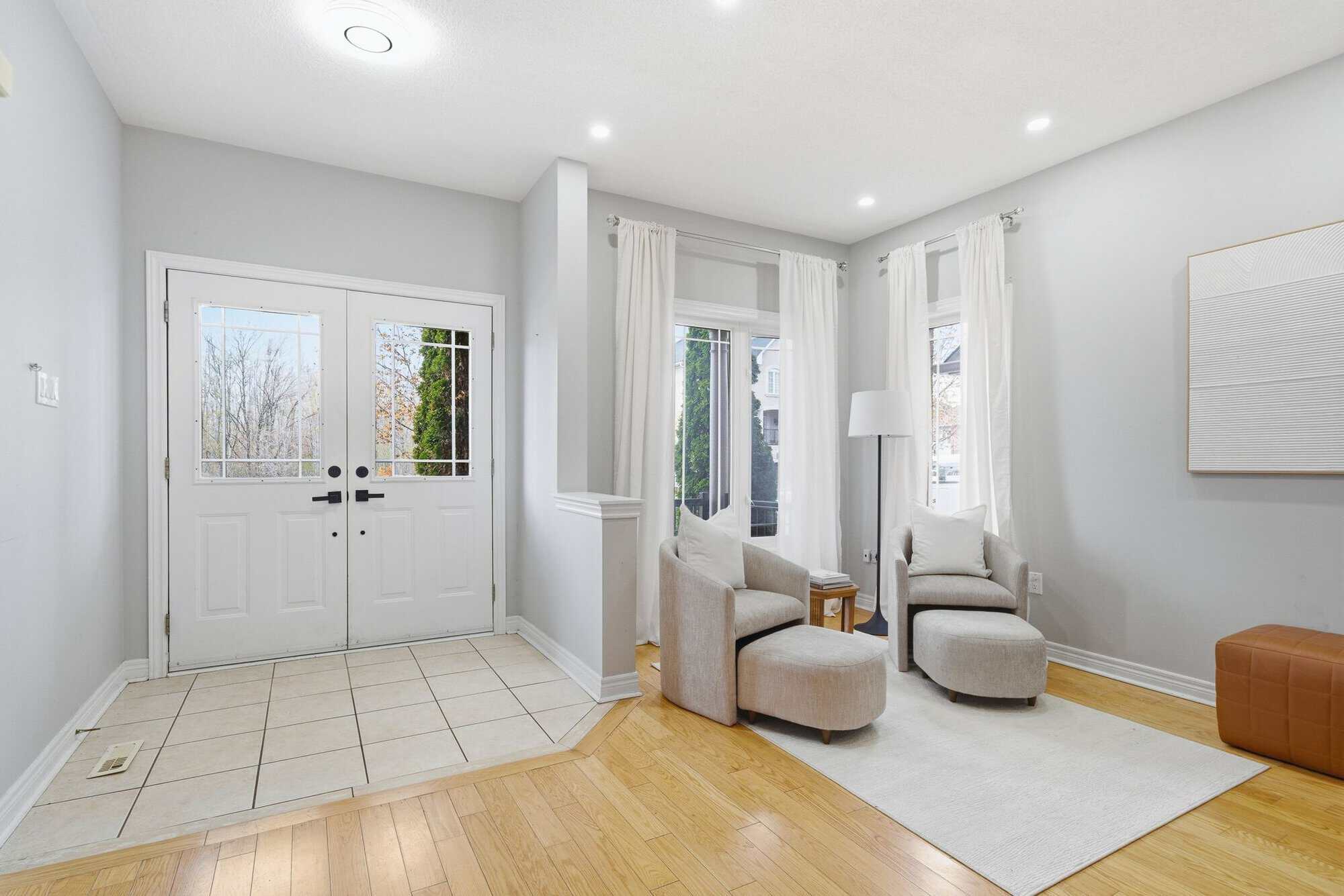 Front entrance at 131 Rushworth Drive, Ajax, with a view into the front sitting room
