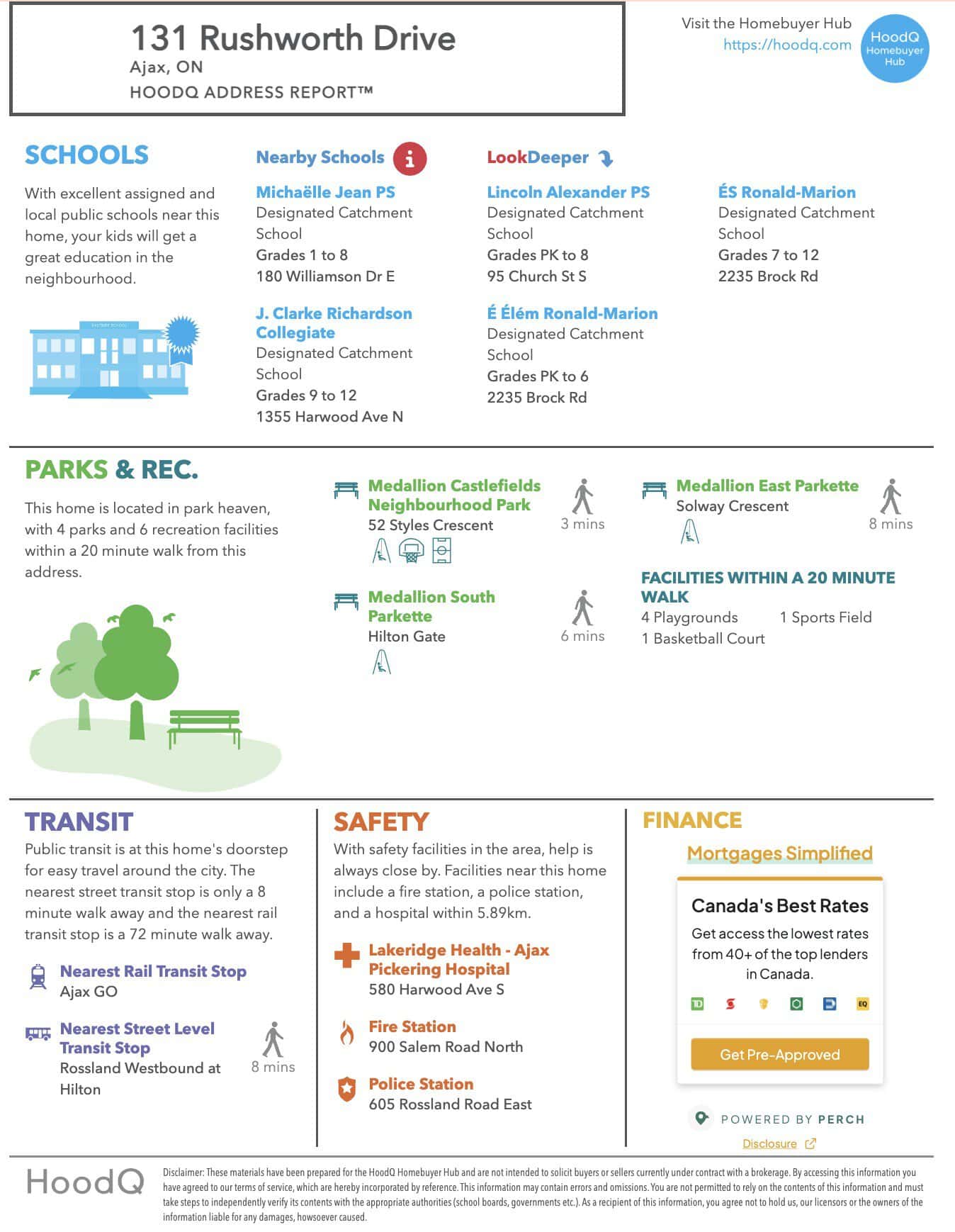 HoodQ walkability report for 131 Rushworth Drive, Ajax, from Laura McBride, Ajax REALTOR®