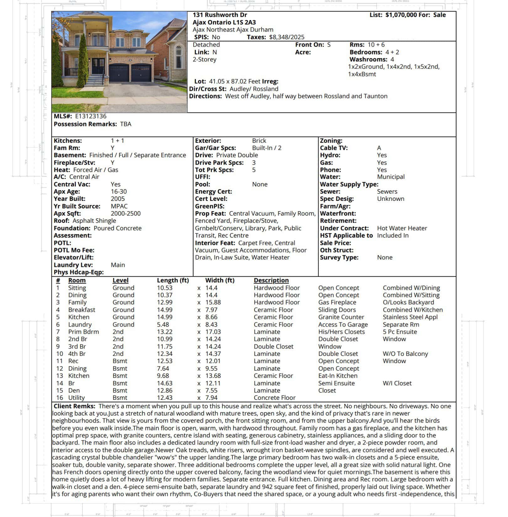 MLS listing sheet for 131 Rushworth Drive, Ajax, a 4+2 bedroom detached home listed for $1,070,000 by Laura McBride, Ajax REALTOR® with Revel Realty