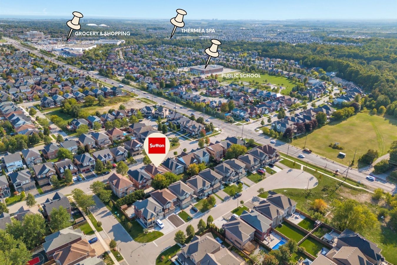 Aerial amenities view near 14 Sleepy Hollow Place, Whitby, showing nearby shopping and Taunton North streets