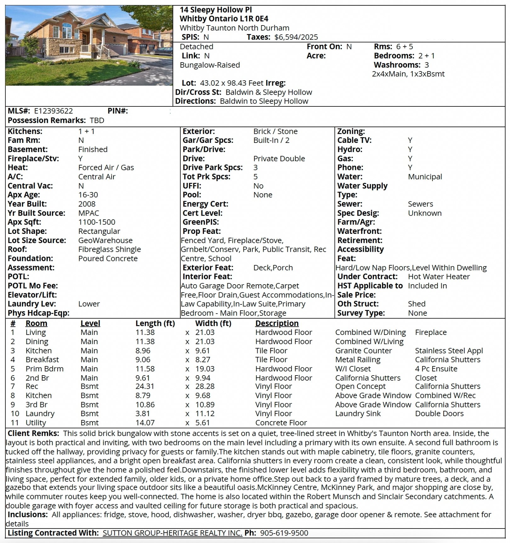 MLS listing sheet for 14 Sleepy Hollow Place, Whitby, a 3-bedroom detached bungalow, listed by Laura McBride, Ajax REALTOR® with Sutton Group-Heritage Realty Inc.