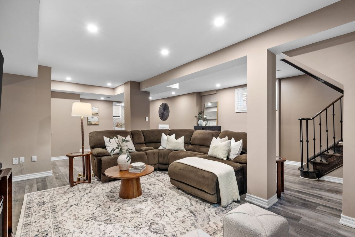 Open recreation room in the finished basement at 14 Sleepy Hollow Place, Whitby