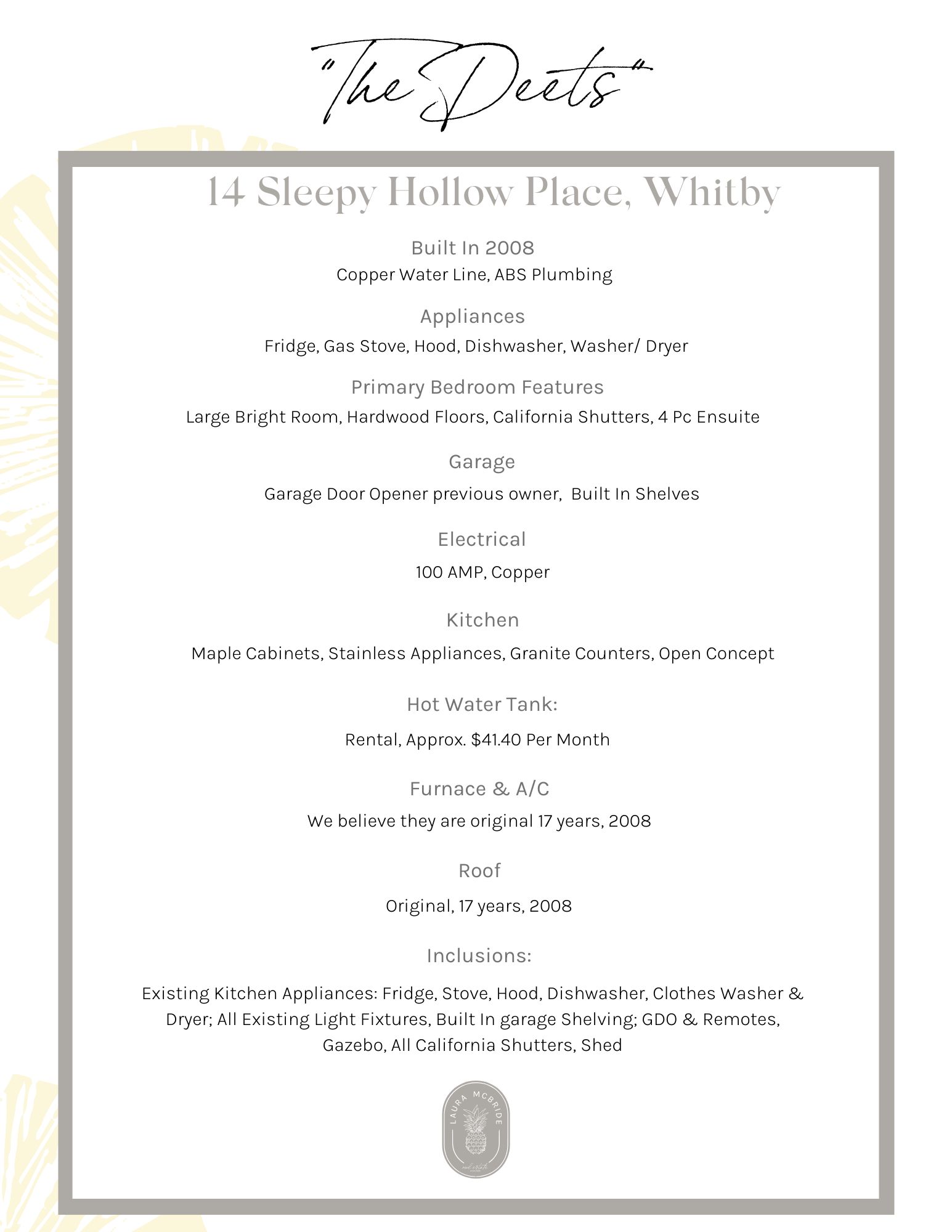 Property details sheet for 14 Sleepy Hollow Place, Whitby, from Laura McBride, Ajax REALTOR® with Revel Realty