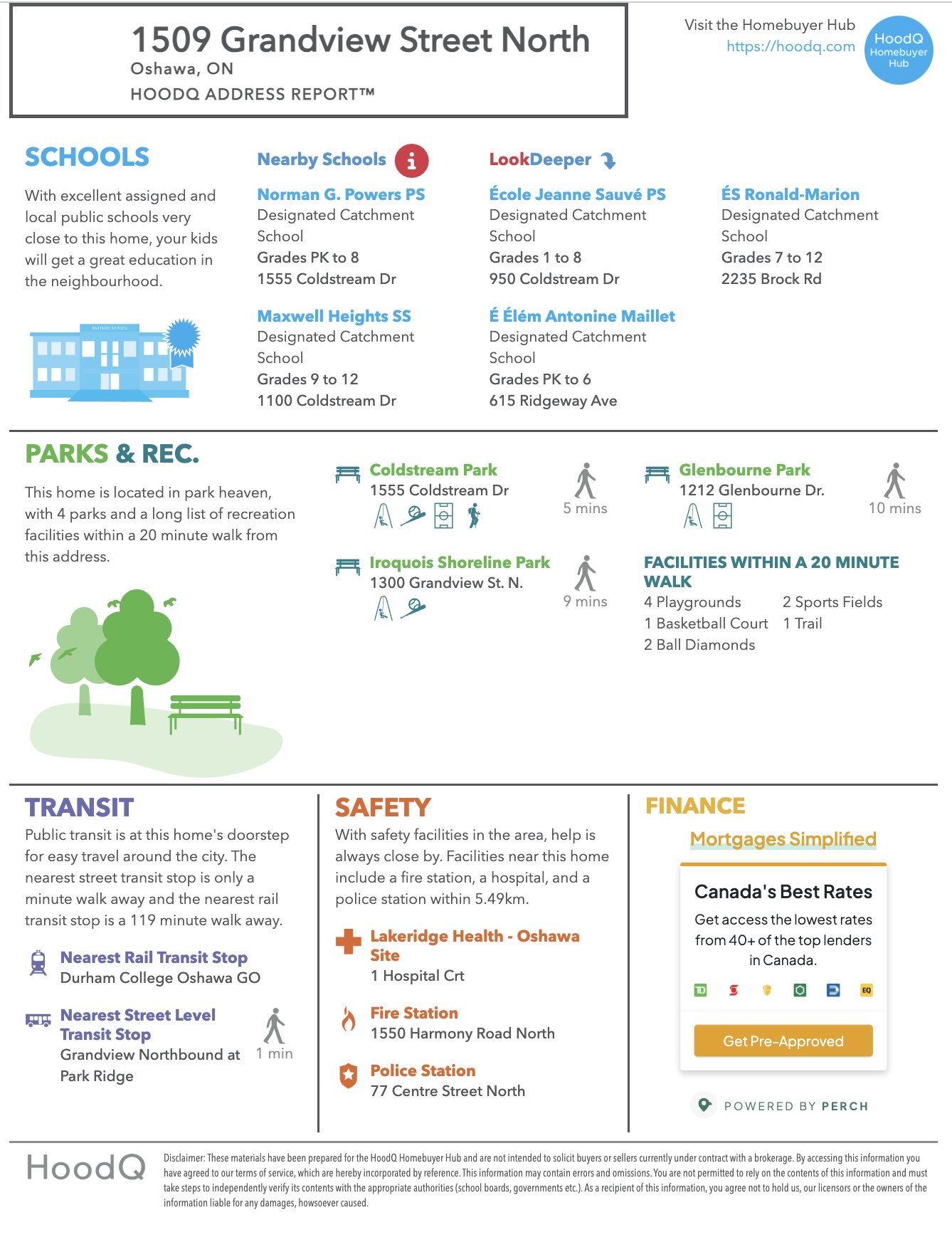 HoodQ walkability report for 1509 Grandview Street North, Oshawa, from Laura McBride, Ajax REALTOR®