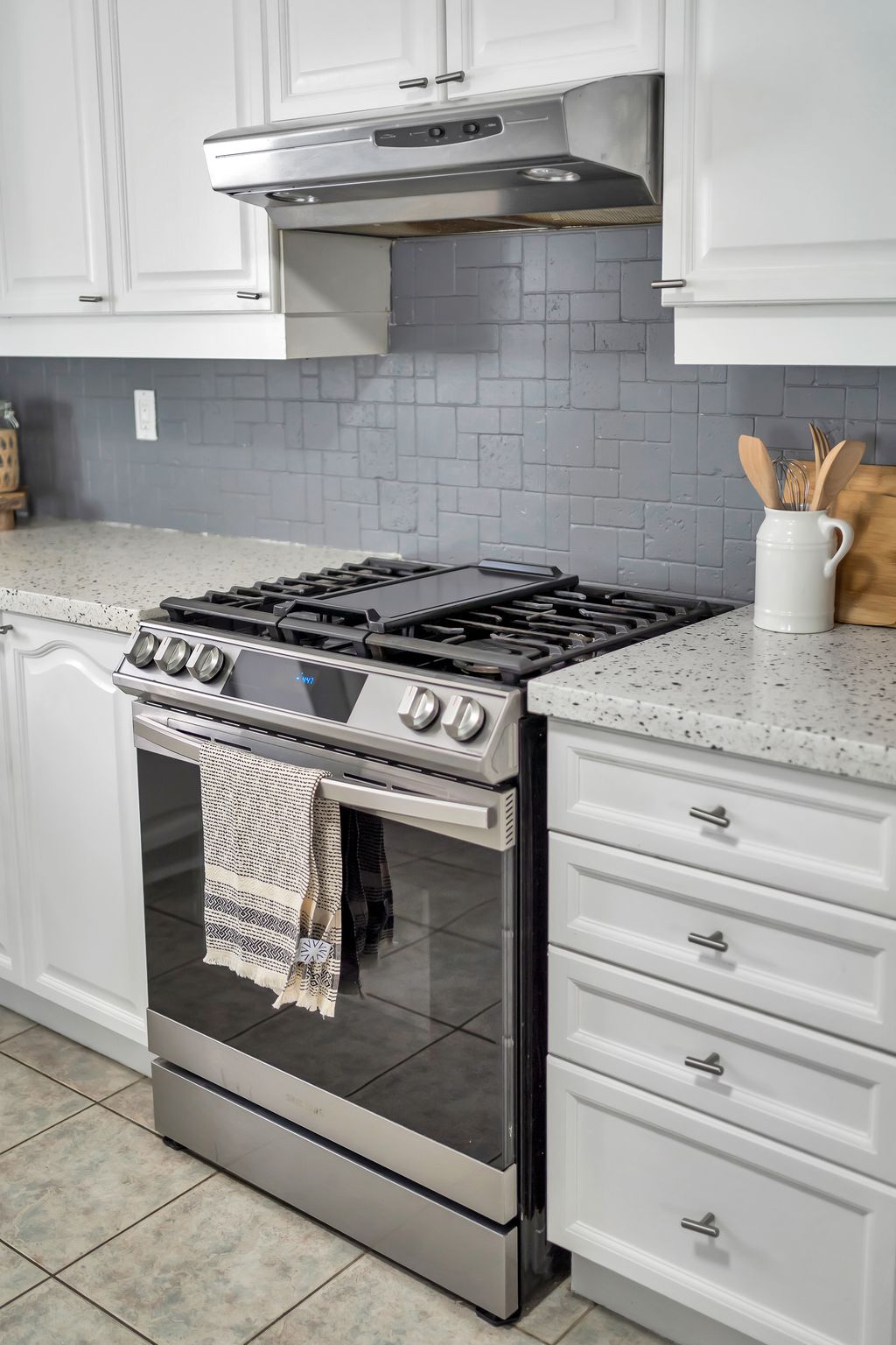 Gas stove detail in the kitchen at 1509 Grandview Street North, Oshawa