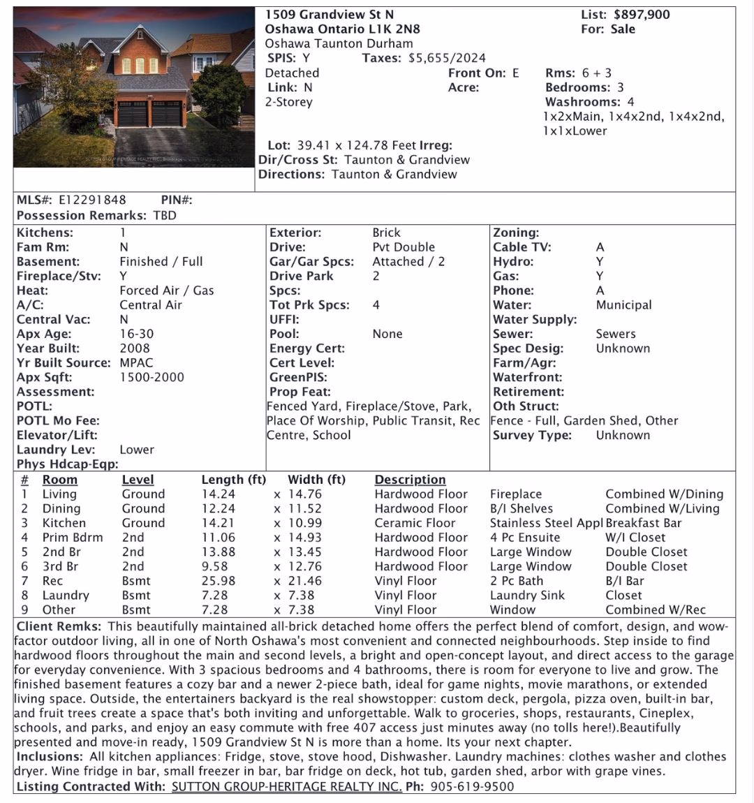 MLS listing sheet for 1509 Grandview Street North, Oshawa, a 3-bedroom detached home listed for $897,900 by Laura McBride, Ajax REALTOR® with Sutton Group-Heritage Realty Inc.