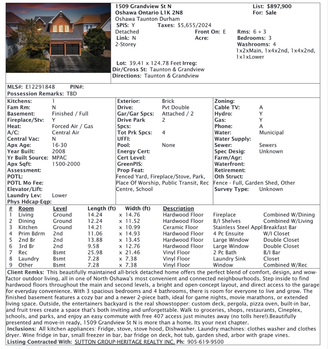 MLS listing sheet for 1509 Grandview Street North, Oshawa, a 3-bedroom detached home listed for $897,900 by Laura McBride, Ajax REALTOR® with Sutton Group-Heritage Realty Inc.