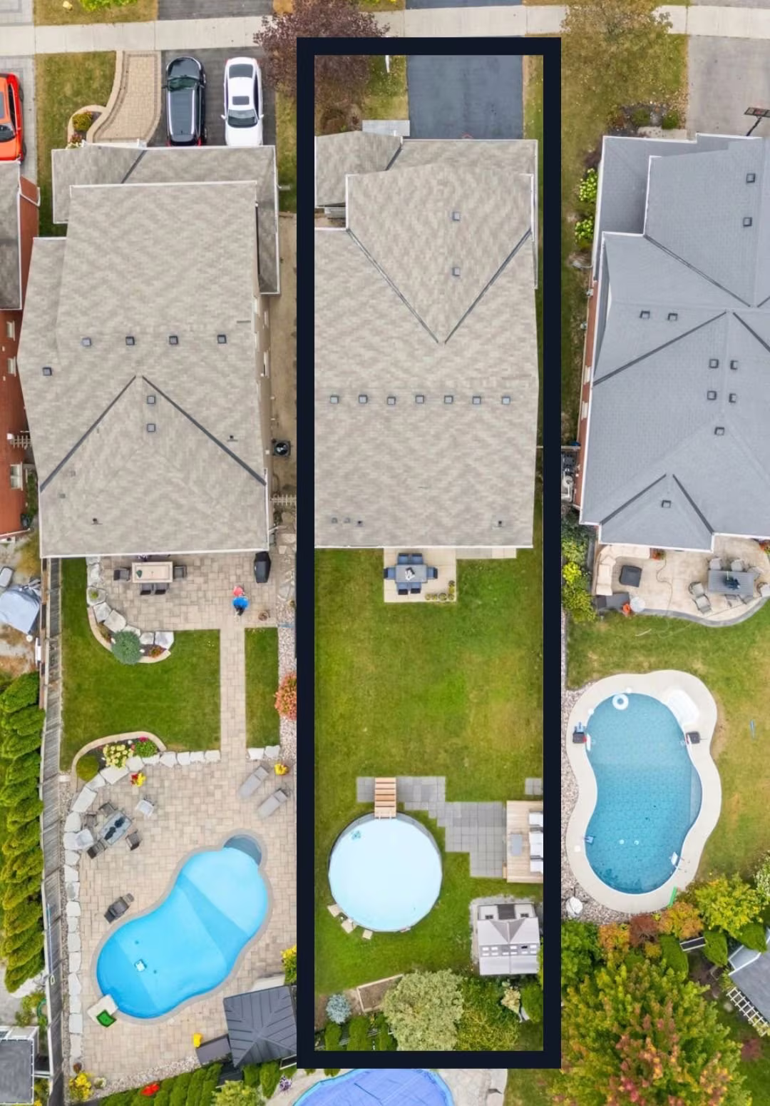 Aerial lot comparison of 1683 Finkle Drive, Oshawa, highlighting its depth next to neighbouring properties