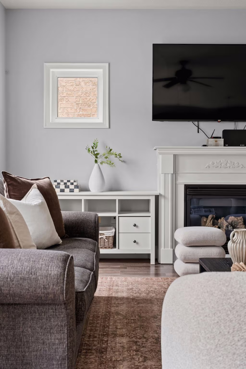 Family room white mantel styling detail at 1683 Finkle Drive, Oshawa