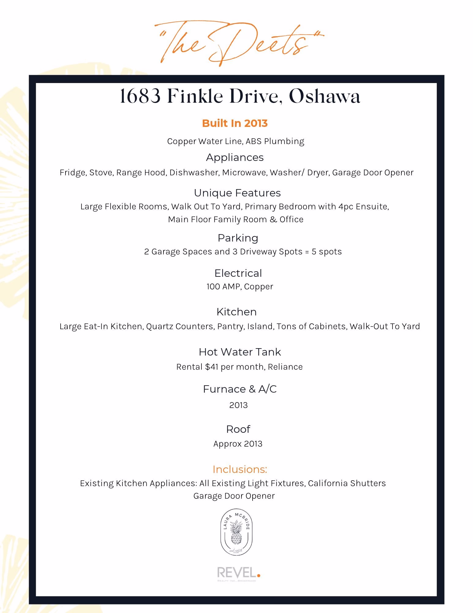Property details sheet for 1683 Finkle Drive, Oshawa, including appliances, inclusions, parking and mechanicals, from Laura McBride, Ajax REALTOR® with Revel Realty