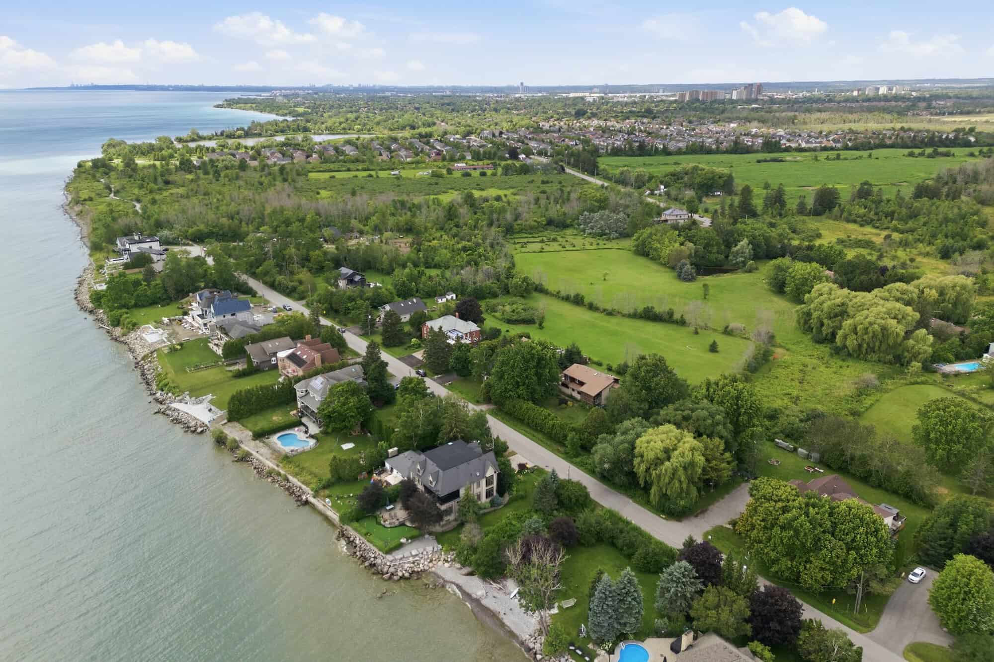 Aerial view of 17 Ontoro Blvd, South East Ajax, showing proximity to Lake Ontario