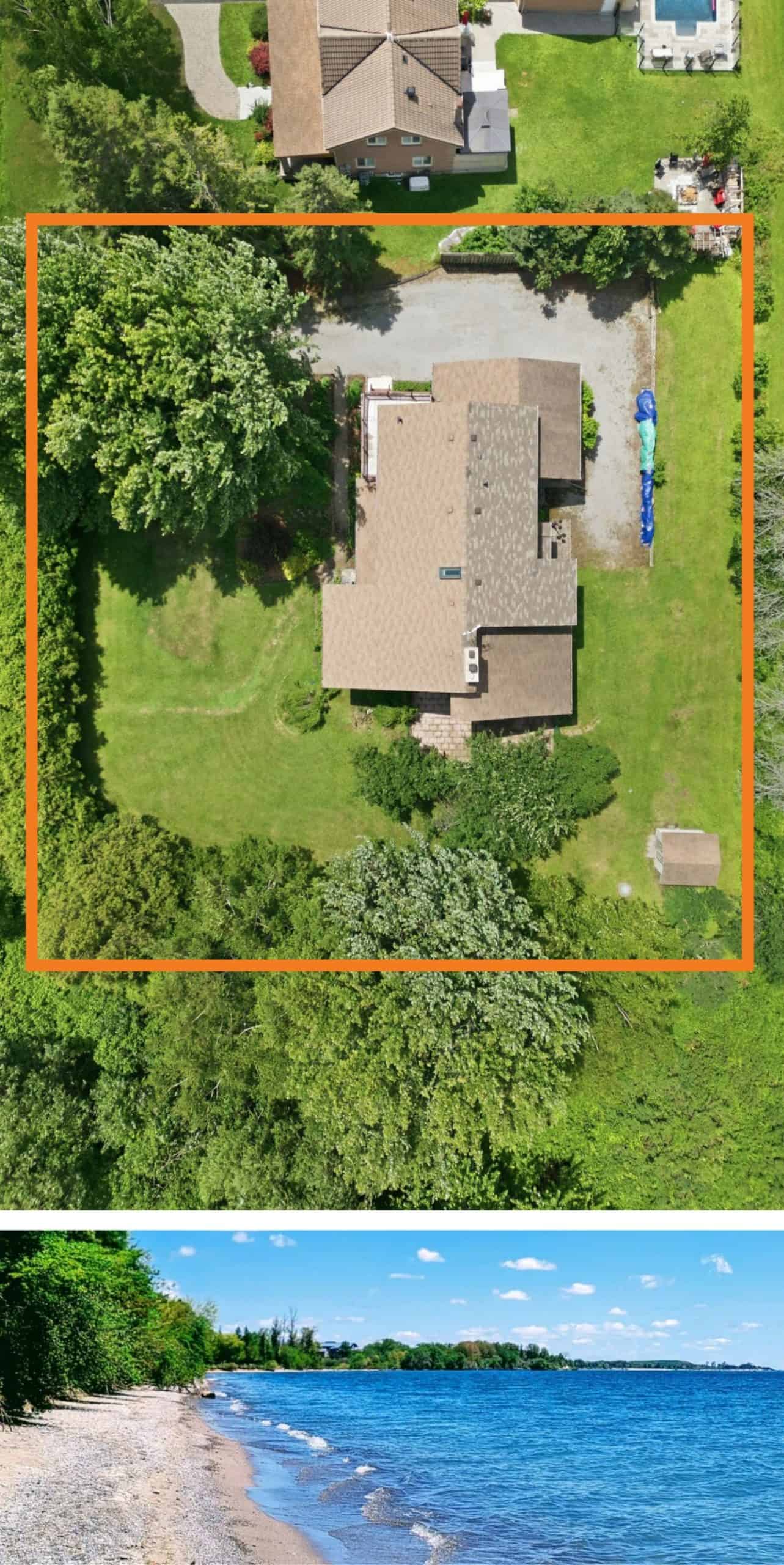 Aerial view of 17 Ontoro Blvd, South East Ajax, showing the lot line and neighbouring shoreline