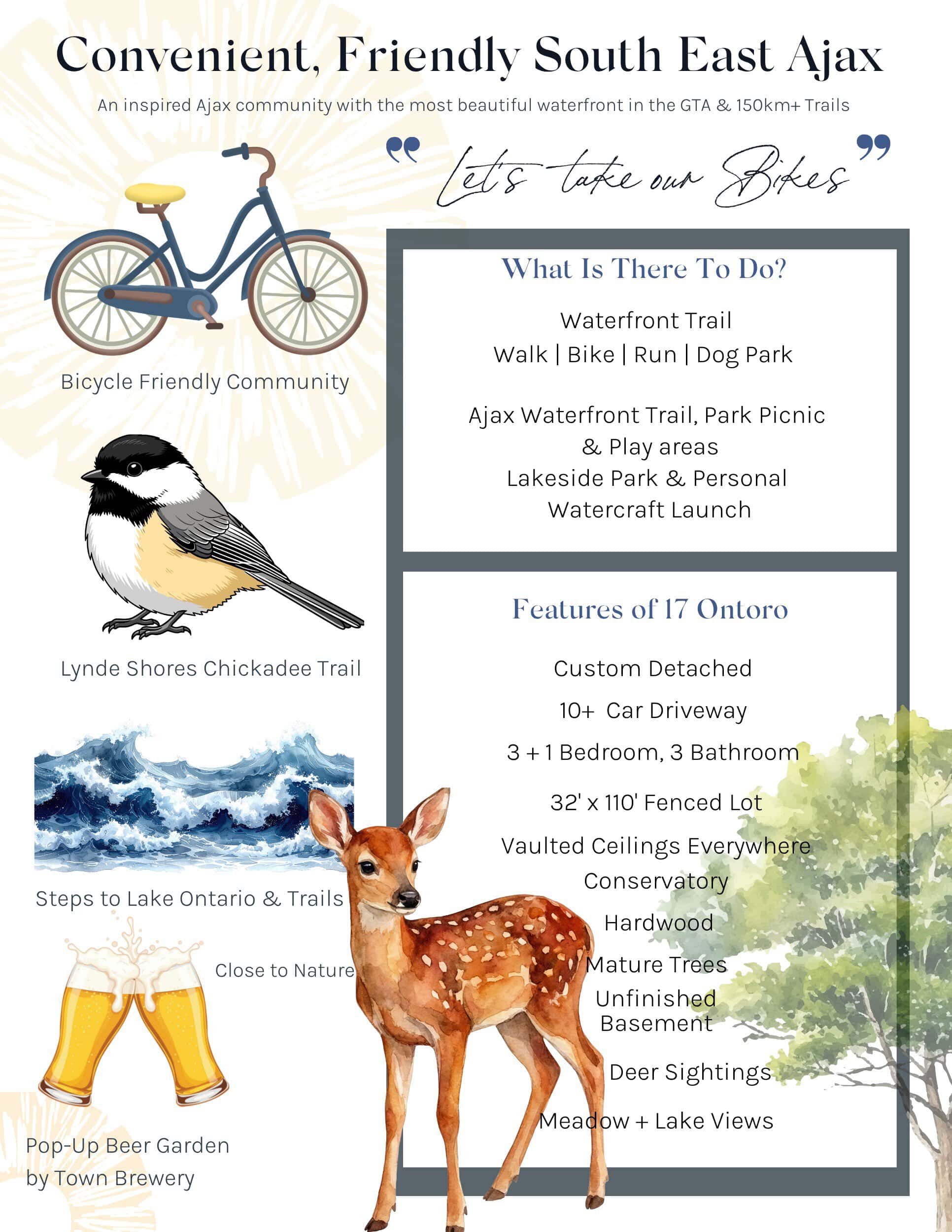 Neighbourhood features sheet for South East Ajax near 17 Ontoro Blvd, including the Ajax Waterfront Trail and Lynde Shores Chickadee Trail, from Laura McBride, Ajax REALTOR®