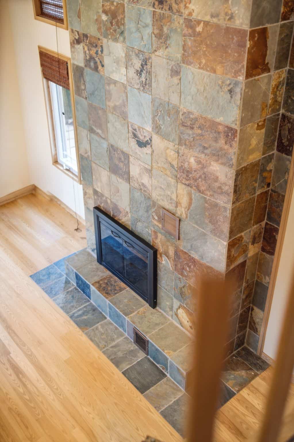 Overhead view of the great room hearth and vaulted ceiling at 17 Ontoro Blvd, South East Ajax