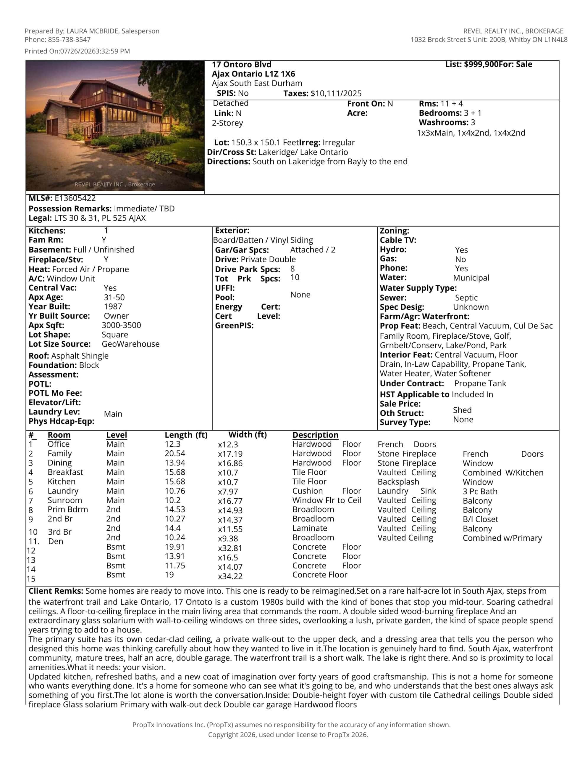 MLS listing sheet for 17 Ontoro Blvd, South East Ajax, a custom detached home listed for $999,900 by Laura McBride, Ajax REALTOR® with Revel Realty