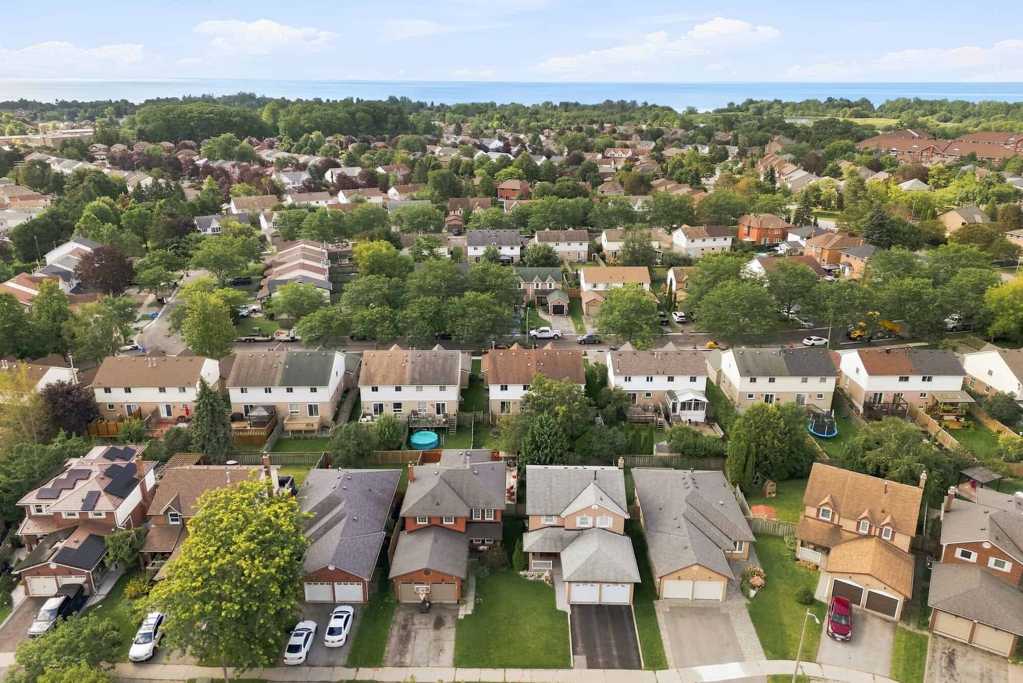 Aerial view of 22 Kipling Cres, South Ajax, showing the Discovery Bay neighbourhood near Lake Ontario, listed by Laura McBride, Ajax REALTOR®