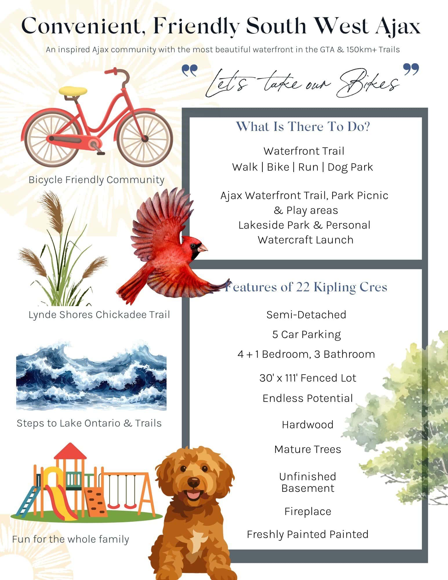 Area features around 22 Kipling Cres, South Ajax, including schools, trails and the Lake Ontario waterfront, from Laura McBride, Ajax REALTOR® with Revel Realty
