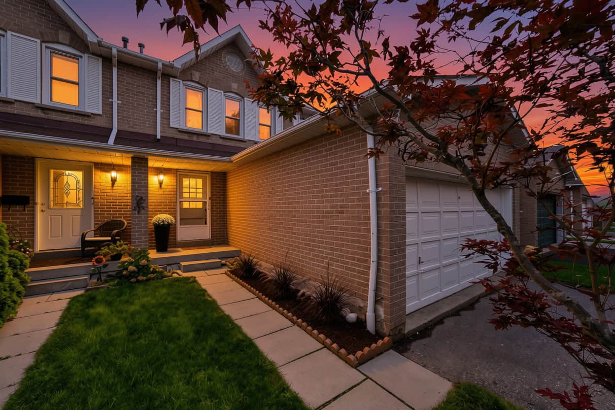 22 Kipling Cres, South Ajax, front entrance at twilight with a welcoming covered porch, listed by Laura McBride, Ajax REALTOR®