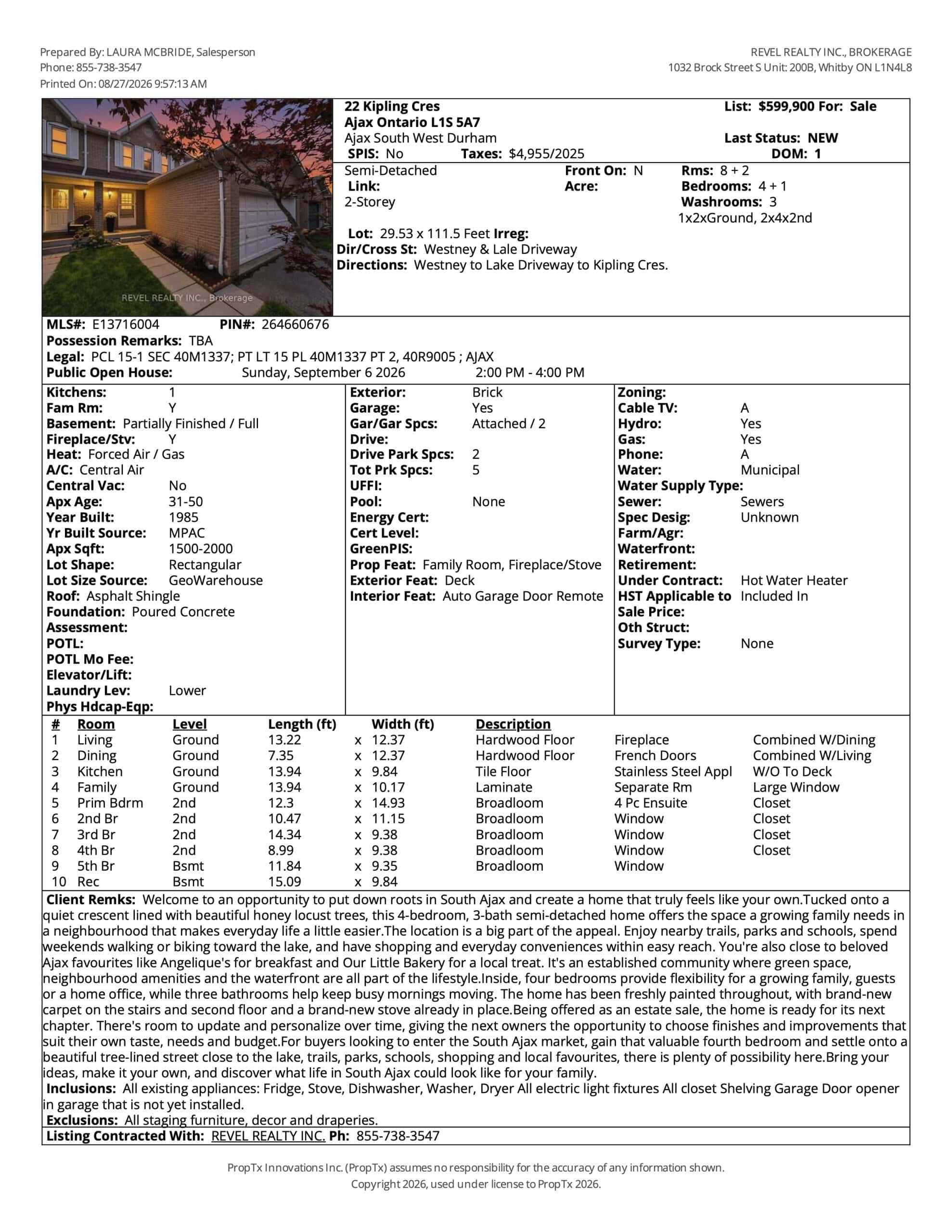 MLS listing summary for 22 Kipling Cres, South Ajax, a 4-bedroom semi-detached home from Laura McBride, Ajax REALTOR® with Revel Realty