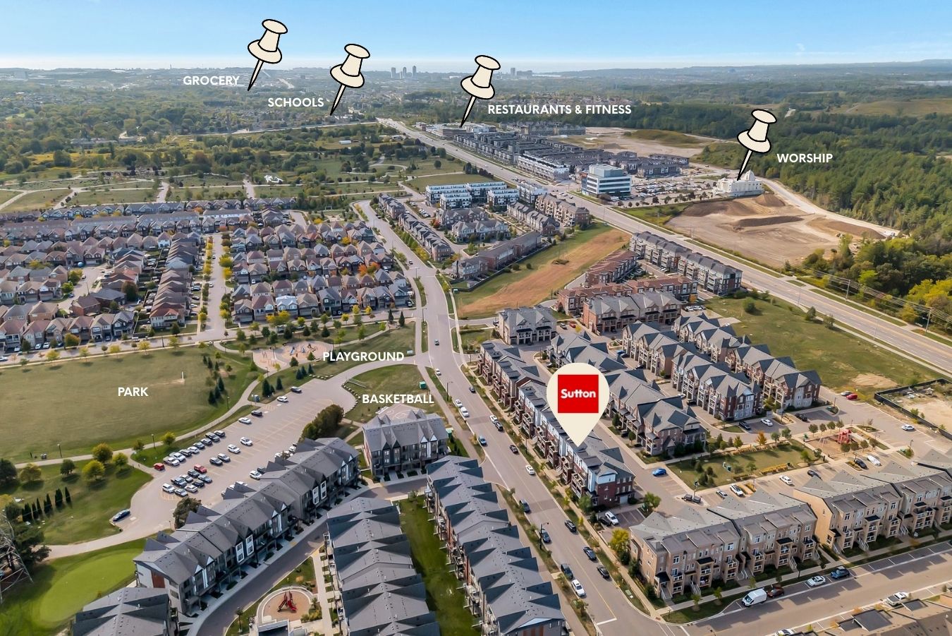 Aerial amenities map near 2598 William Jackson Dr, Pickering, showing nearby shops, worship and fitness
