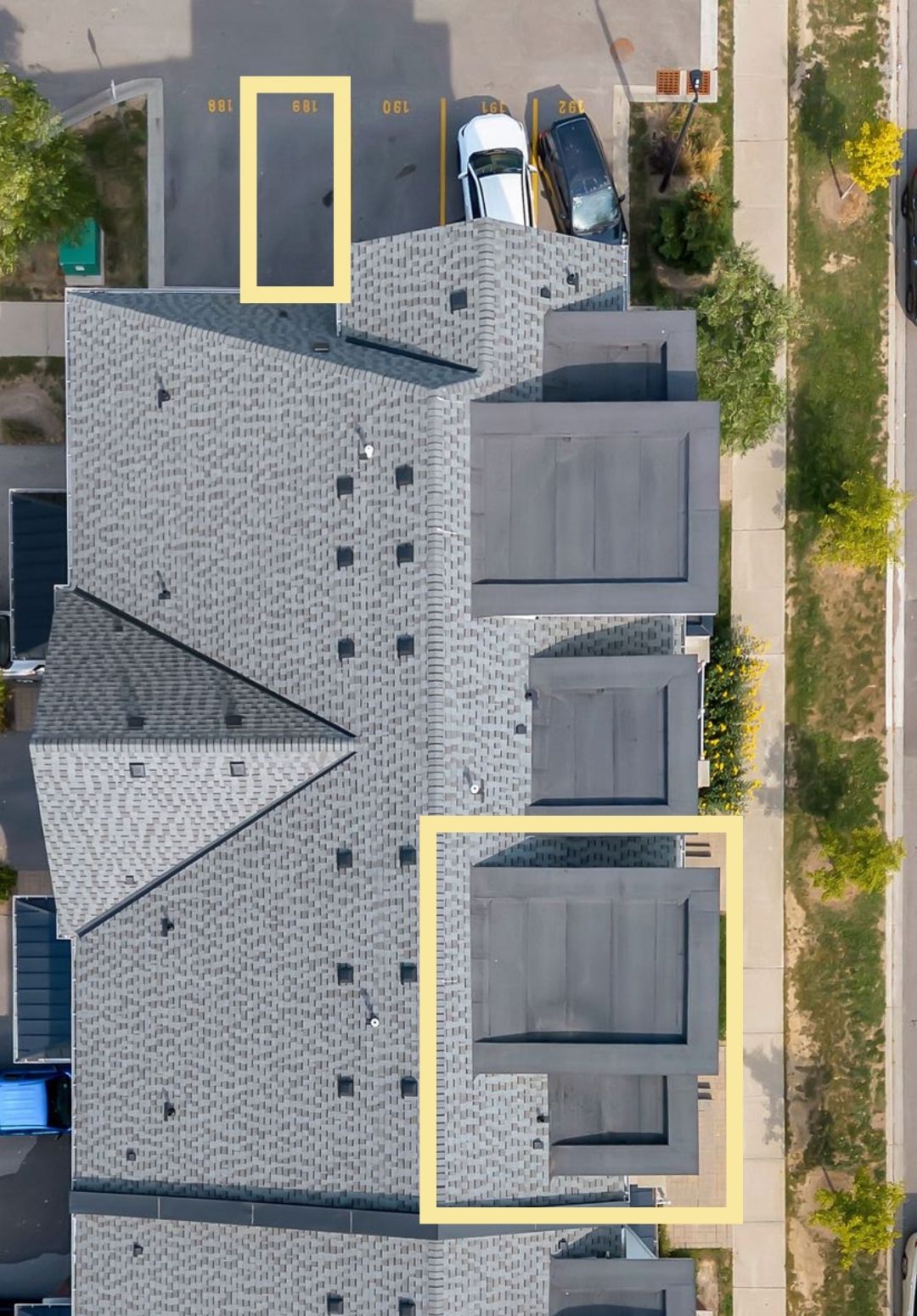 Aerial rooftop view of 2598 William Jackson Dr, Pickering, with unit 87 outlined