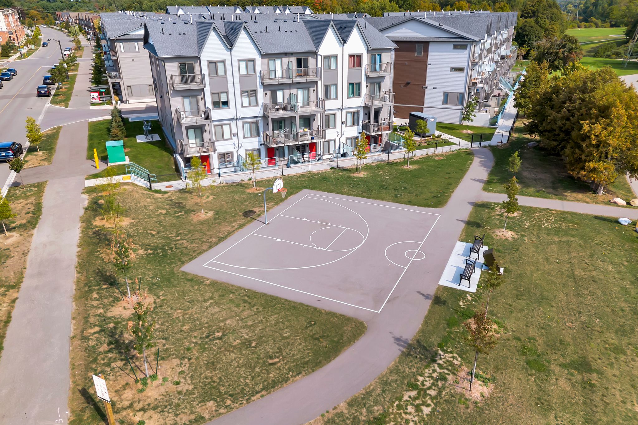 Aerial view of the basketball court and green space near 2598 William Jackson Dr, Pickering