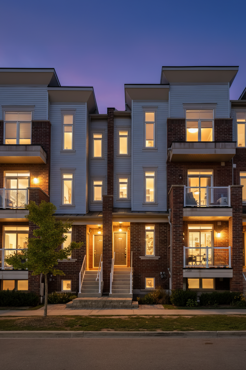 Exterior of 2598 William Jackson Dr, Pickering, a brick stacked townhouse at sunset, sold by Laura McBride, Ajax REALTOR® with Revel Realty