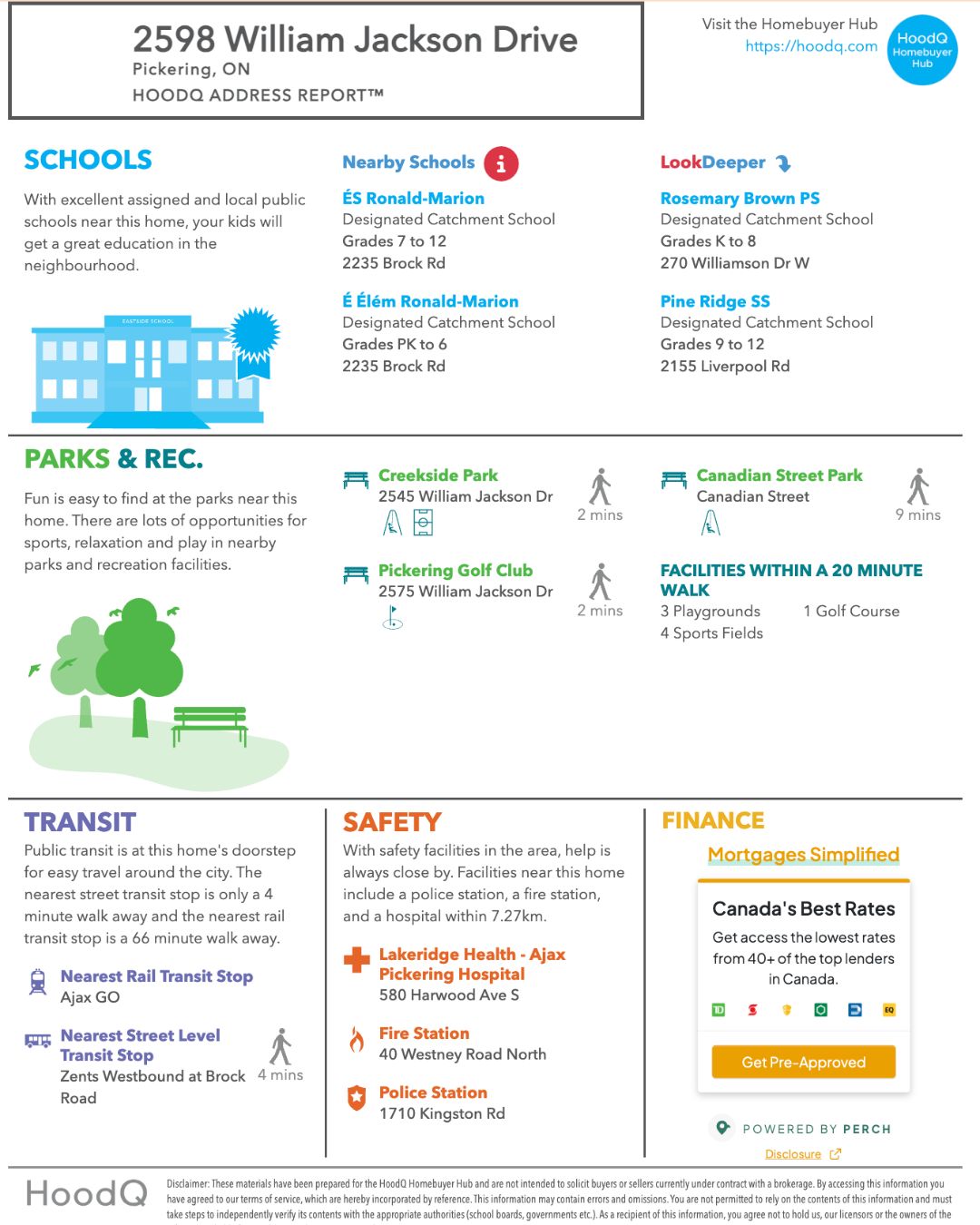 HoodQ walkability report for 2598 William Jackson Dr, Pickering, from Laura McBride, Ajax REALTOR®