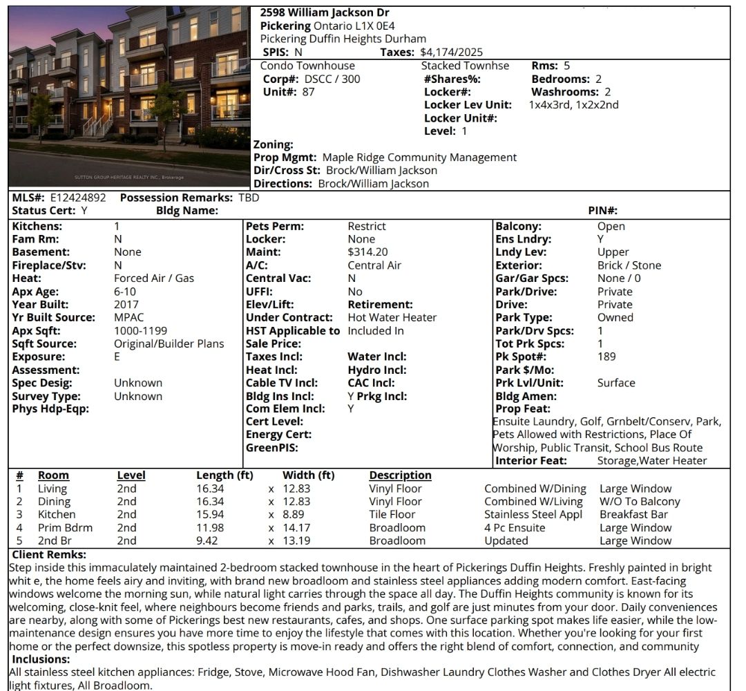 MLS listing sheet for 2598 William Jackson Dr, Pickering, a 2-bedroom stacked townhouse, listed by Laura McBride, Ajax REALTOR® with Sutton Group-Heritage Realty Inc.