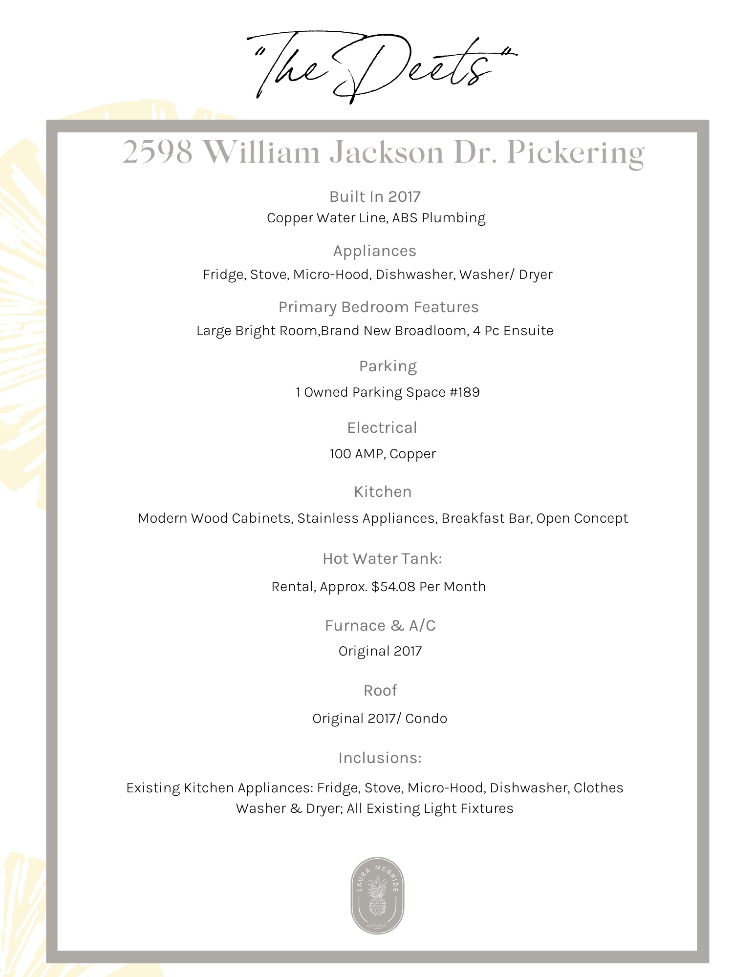 Property details sheet for 2598 William Jackson Dr, Pickering, from Laura McBride, Ajax REALTOR® with Revel Realty