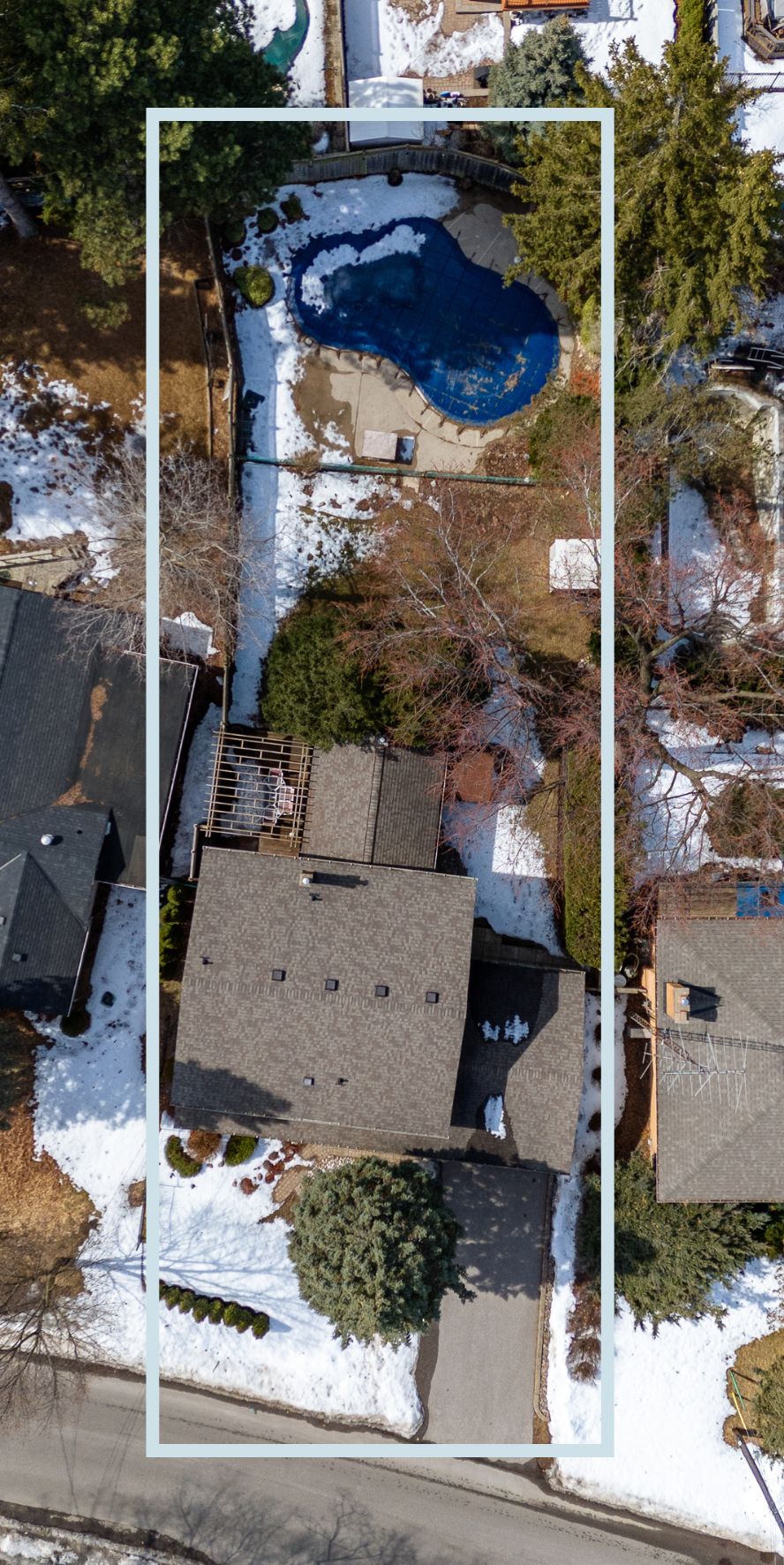 Aerial lot outline of 38A Deep Dene Dr, Highland Creek Village, showing the fenced backyard and pool