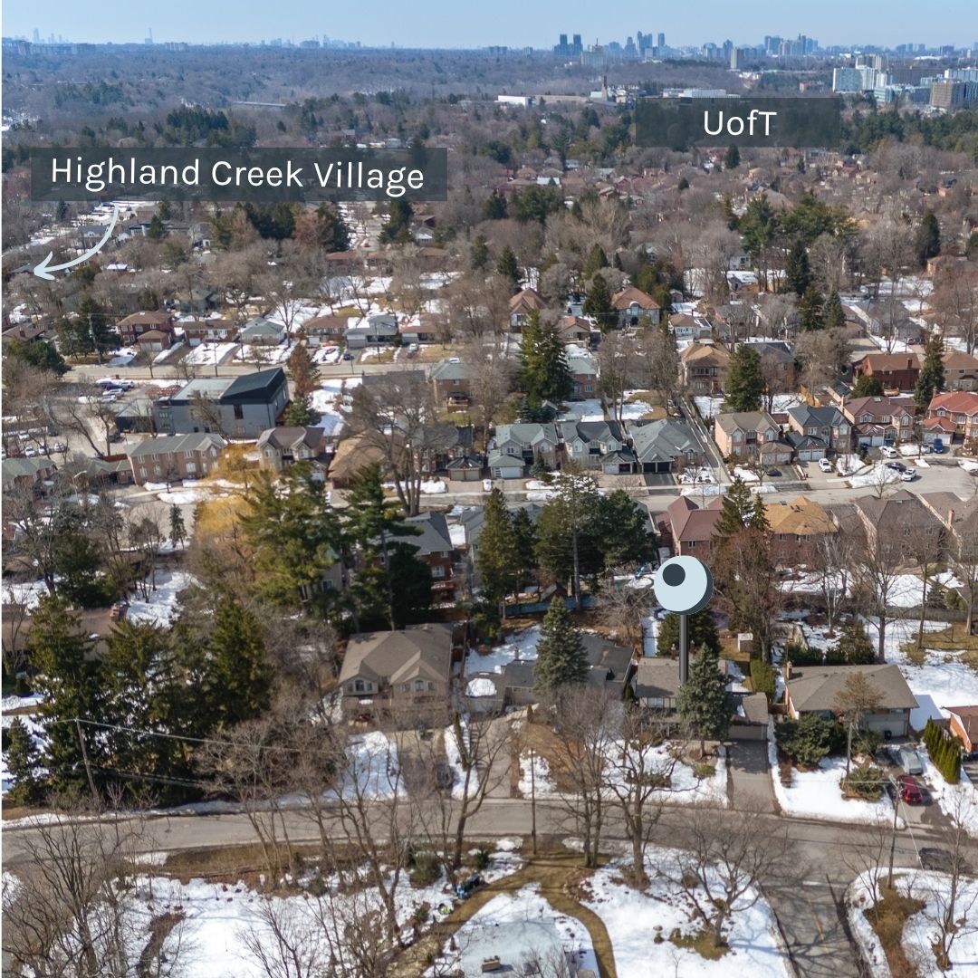 Aerial map of Highland Creek Village near 38A Deep Dene Dr, showing the University of Toronto Scarborough campus