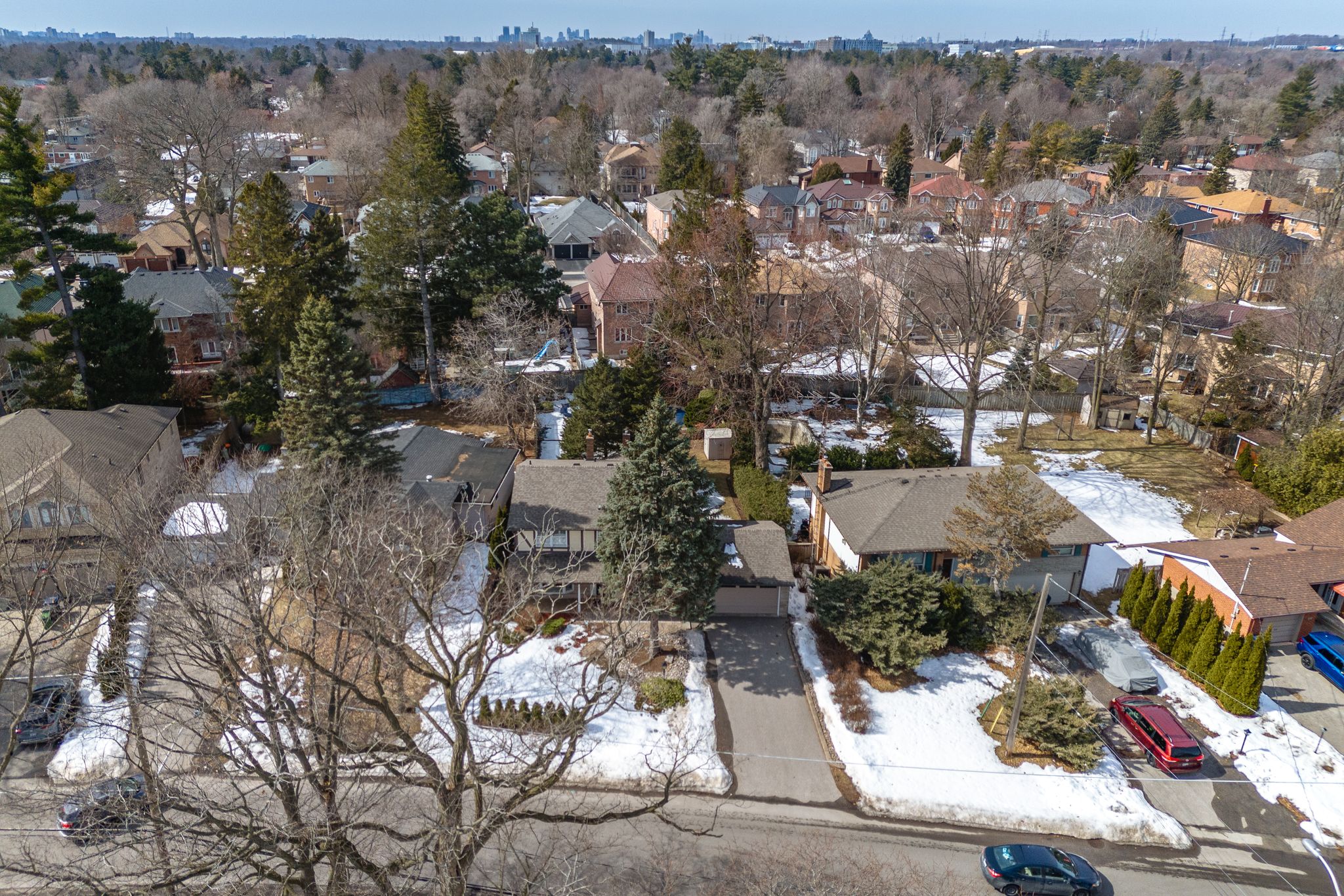 Aerial view of the tree-lined street and surrounding Highland Creek Village neighbourhood