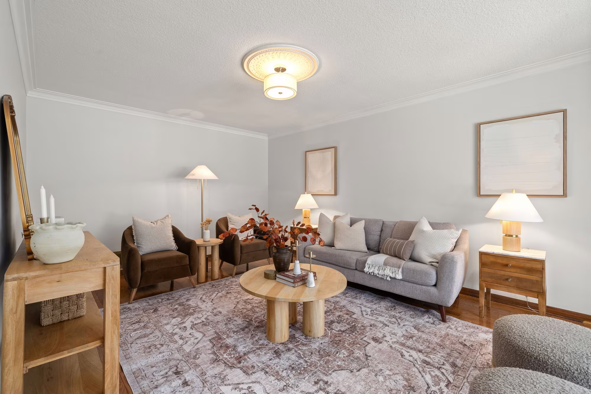 Living room at 38A Deep Dene Dr, Highland Creek Village, with neutral decor and a floral rug