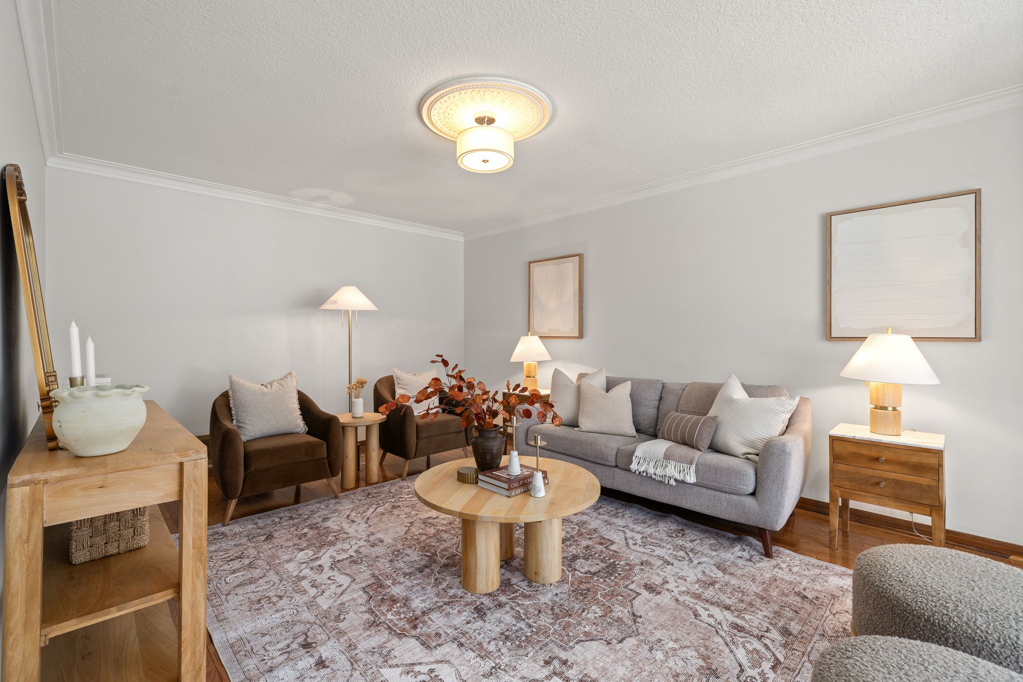 Living room at 38A Deep Dene Dr, Highland Creek Village, with neutral decor and a floral rug