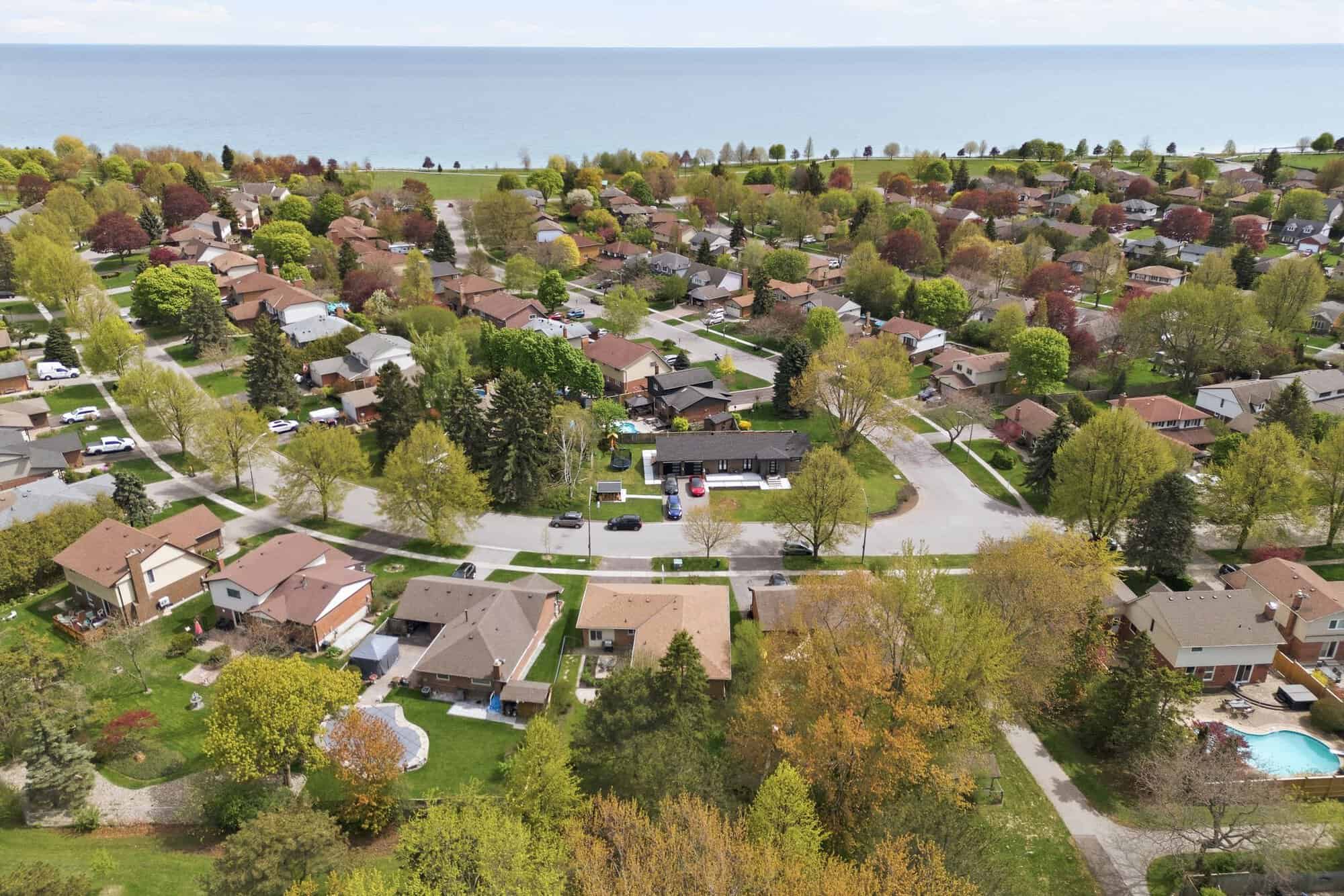 Aerial view of the South Ajax neighbourhood near 39 Anstead Crescent, with Lake Ontario in the distance