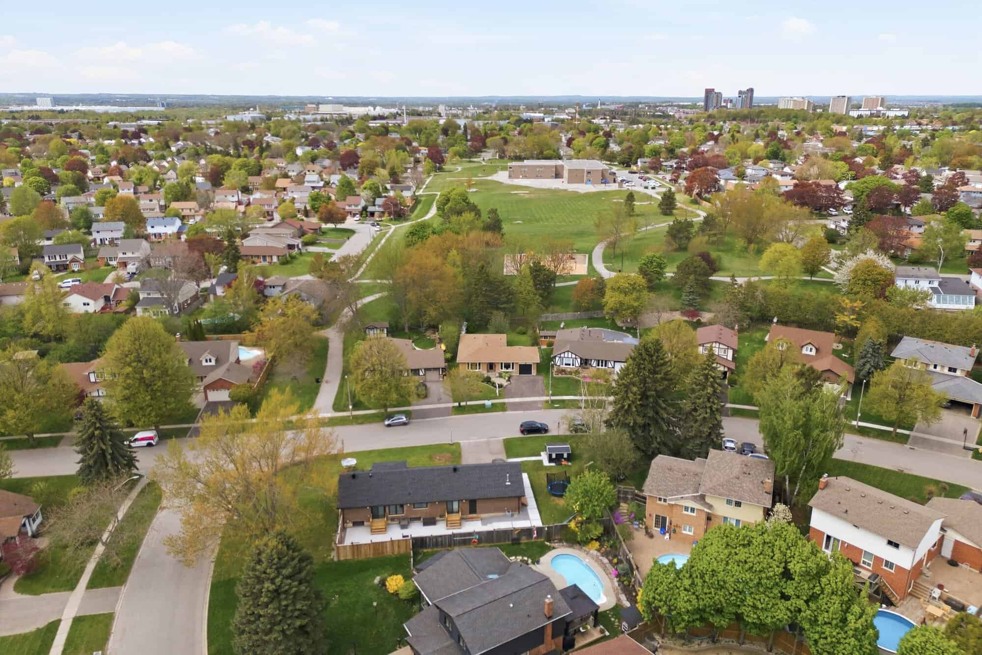 Aerial view near 39 Anstead Crescent, South Ajax, showing nearby parkland and homes