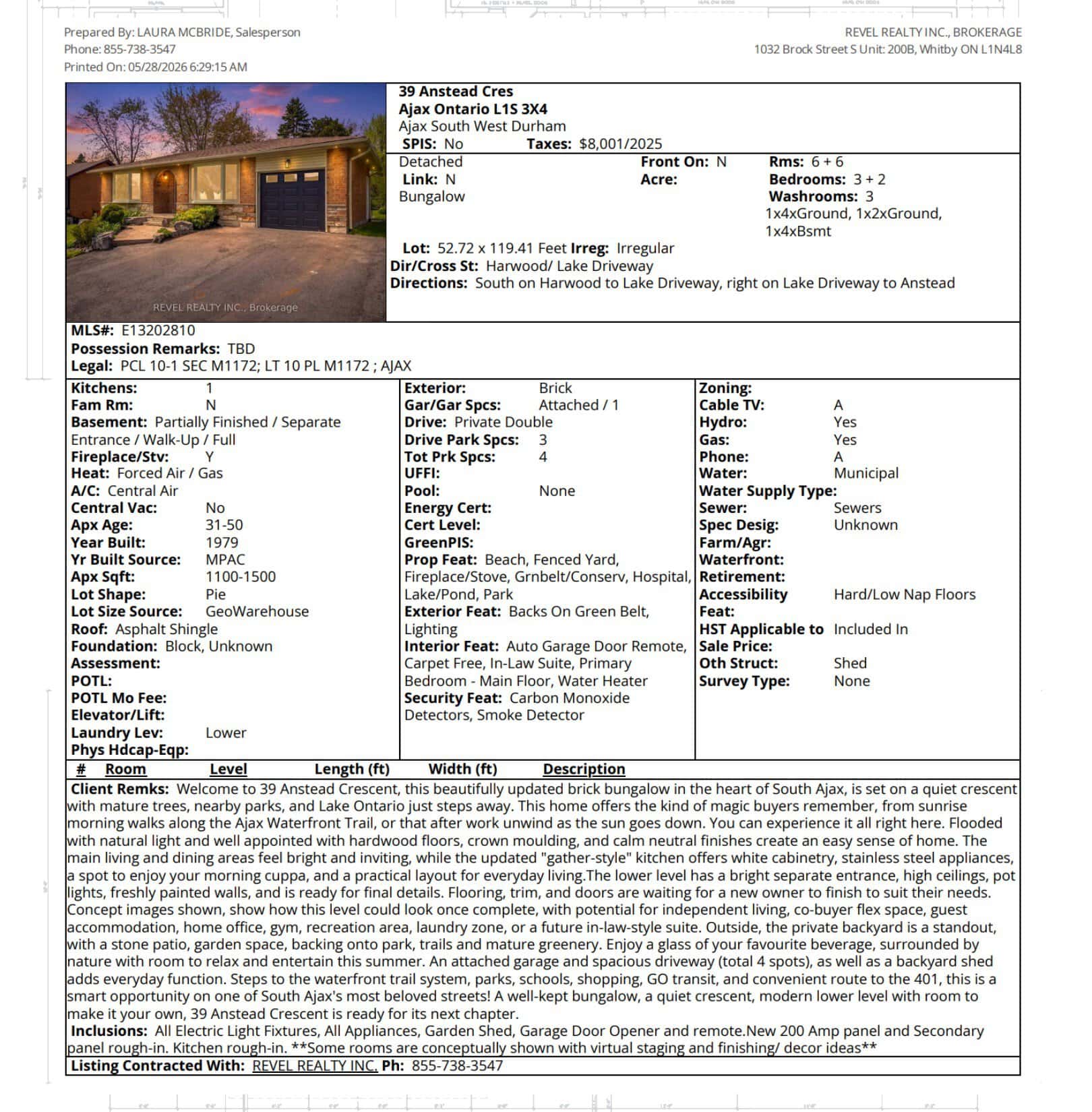 MLS listing sheet for 39 Anstead Crescent, South Ajax, a 3+2 bedroom detached bungalow listed by Laura McBride, Ajax REALTOR® with Revel Realty