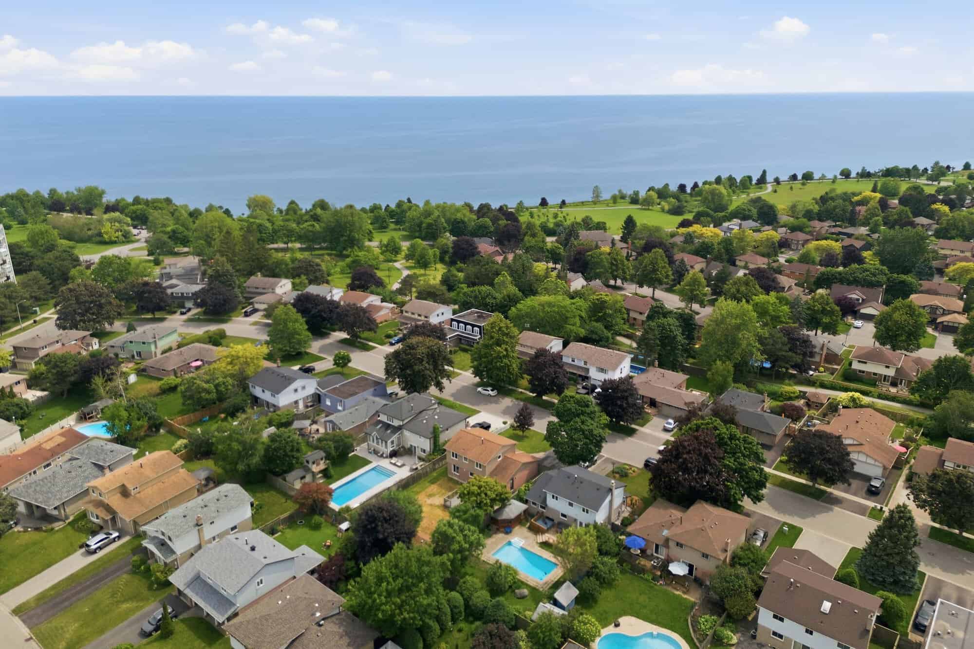 Aerial view of the South Ajax neighbourhood near 96 Bolland Crescent, with Lake Ontario in the distance